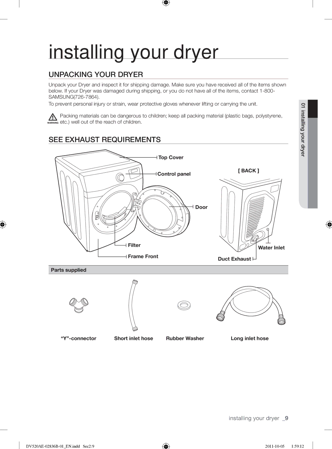 Samsung DV520AEP/XAA Installing your dryer, Unpacking Your Dryer, See Exhaust Requirements, Top Cover Control panel Back 