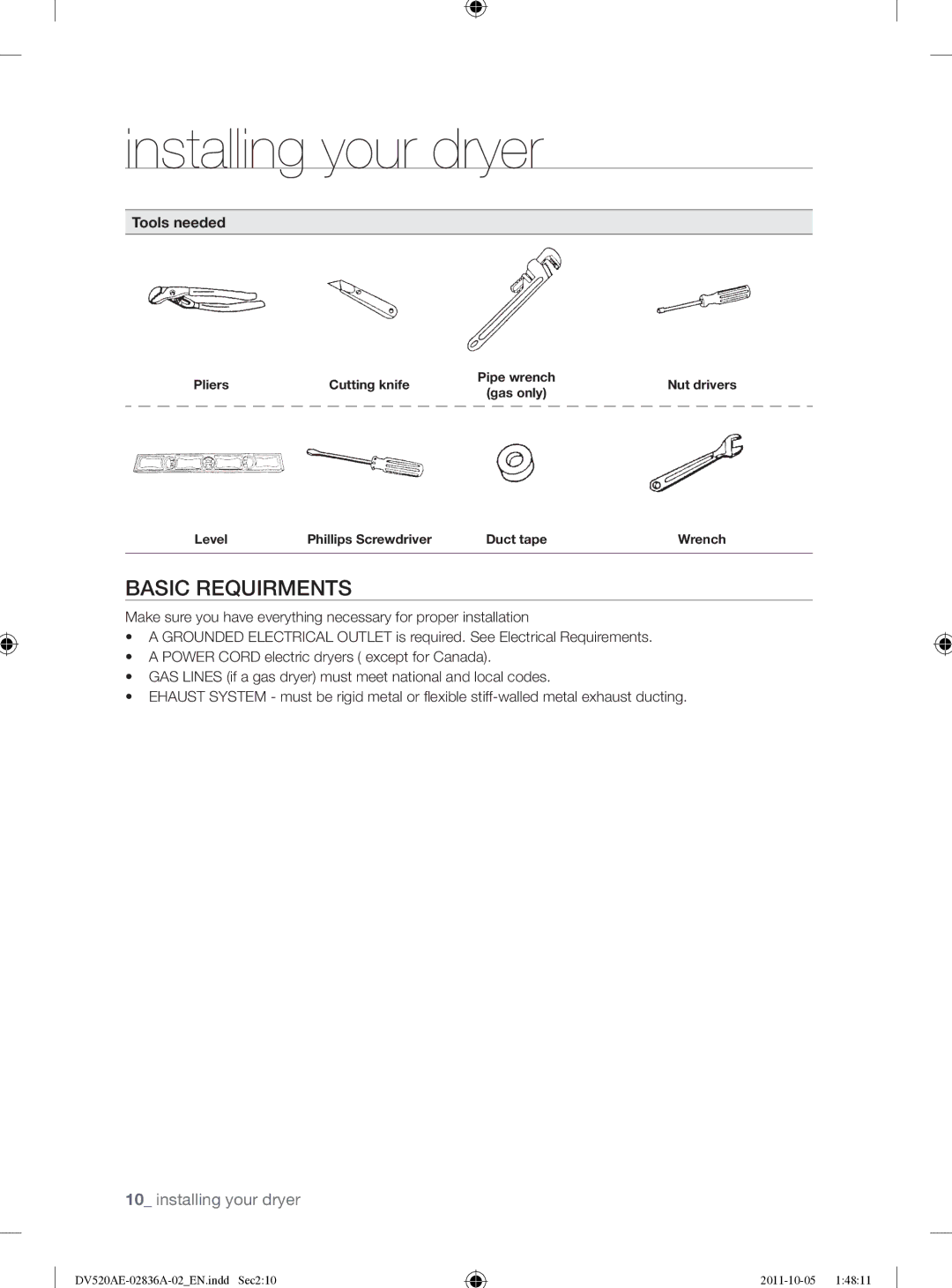 Samsung DV520AEP/XAA manual Basic Requirments, Tools needed 