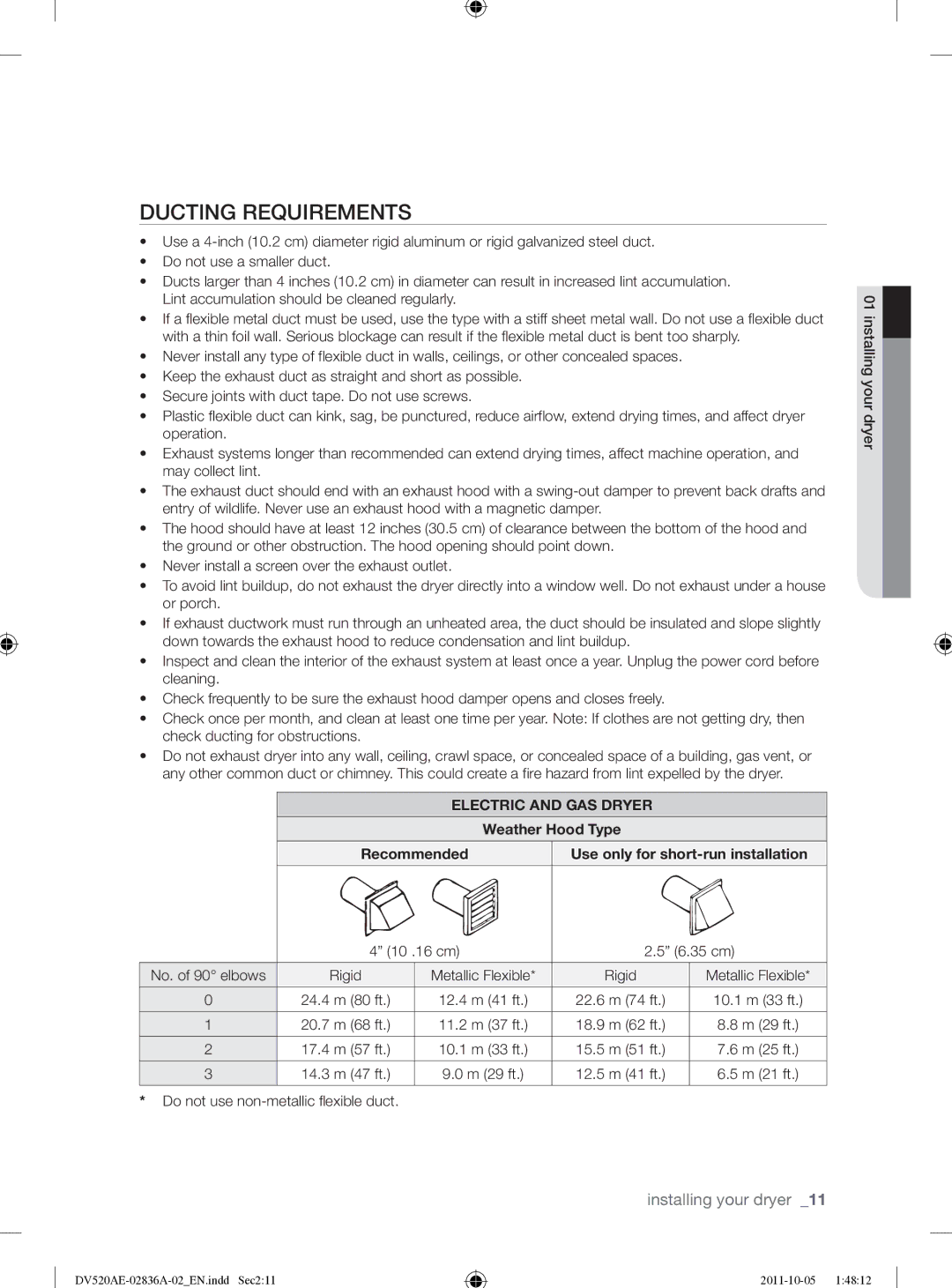 Samsung DV520AEP/XAA manual Ducting Requirements, Electric and GAS Dryer, Weather Hood Type Recommended, 10 .16 cm 6.35 cm 