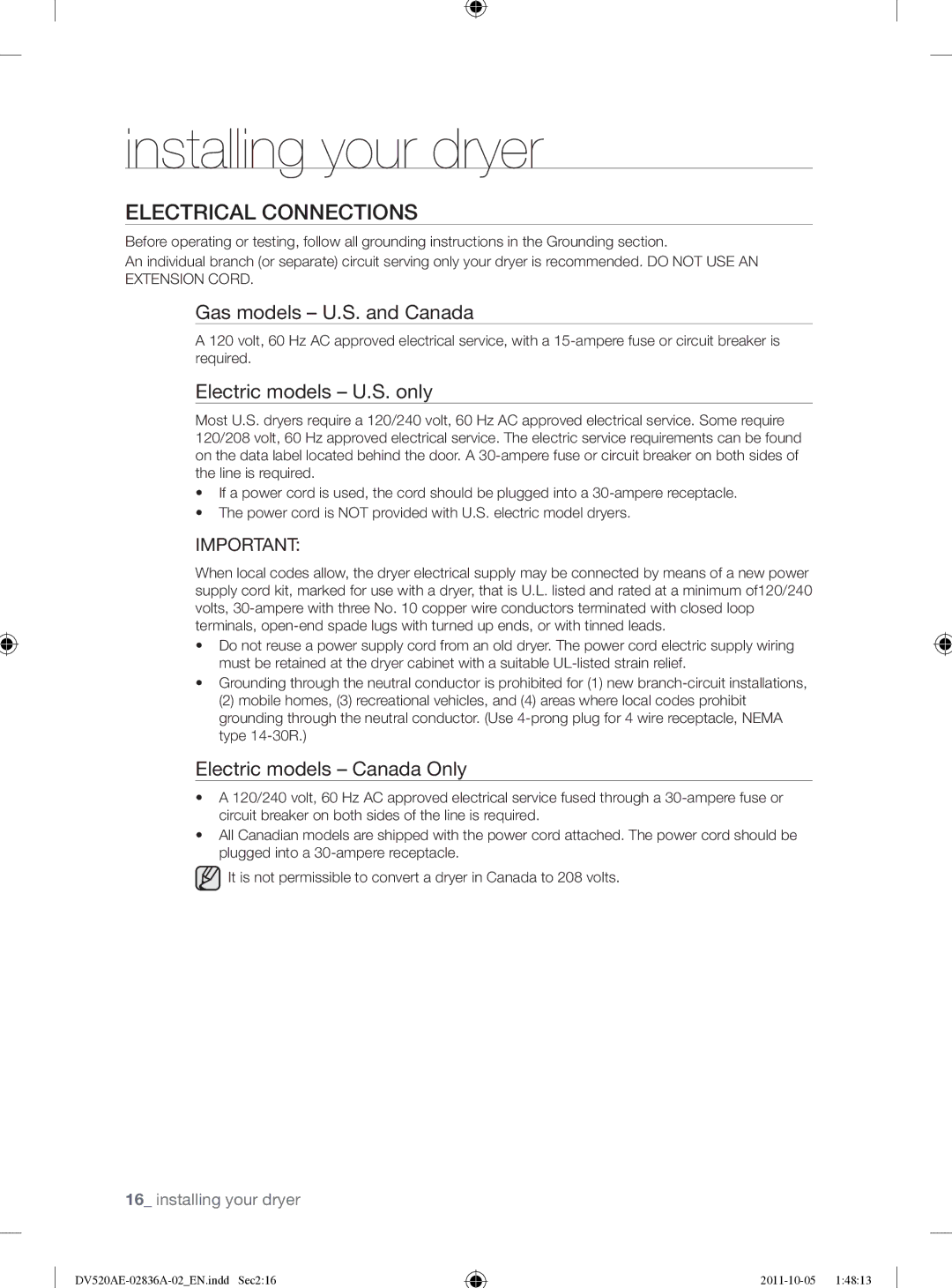 Samsung DV520AEP/XAA manual Electrical Connections, Gas models U.S. and Canada, Electric models U.S. only 