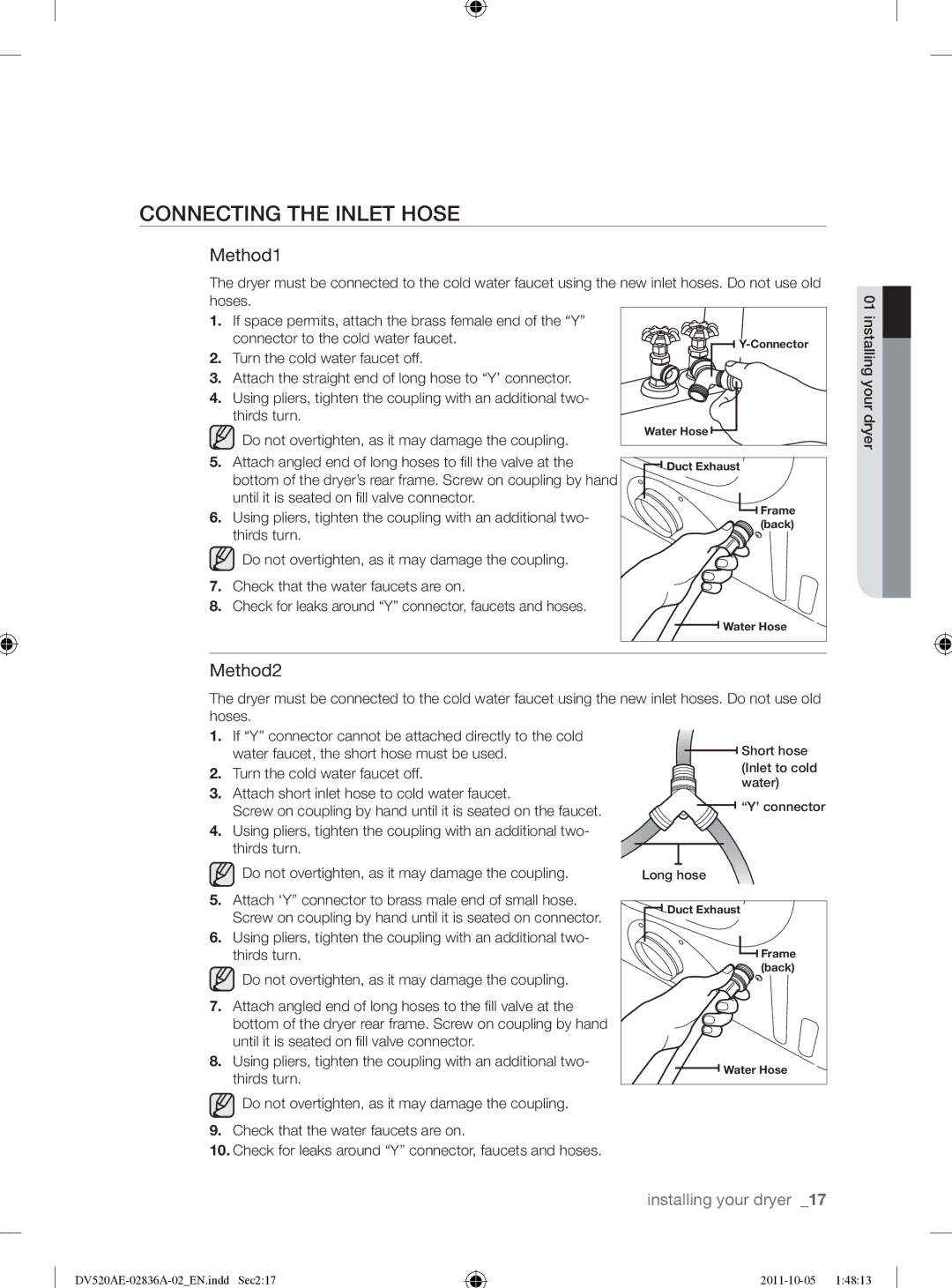 Samsung DV520AEP/XAA manual Connecting the Inlet Hose, Method1, Method2 