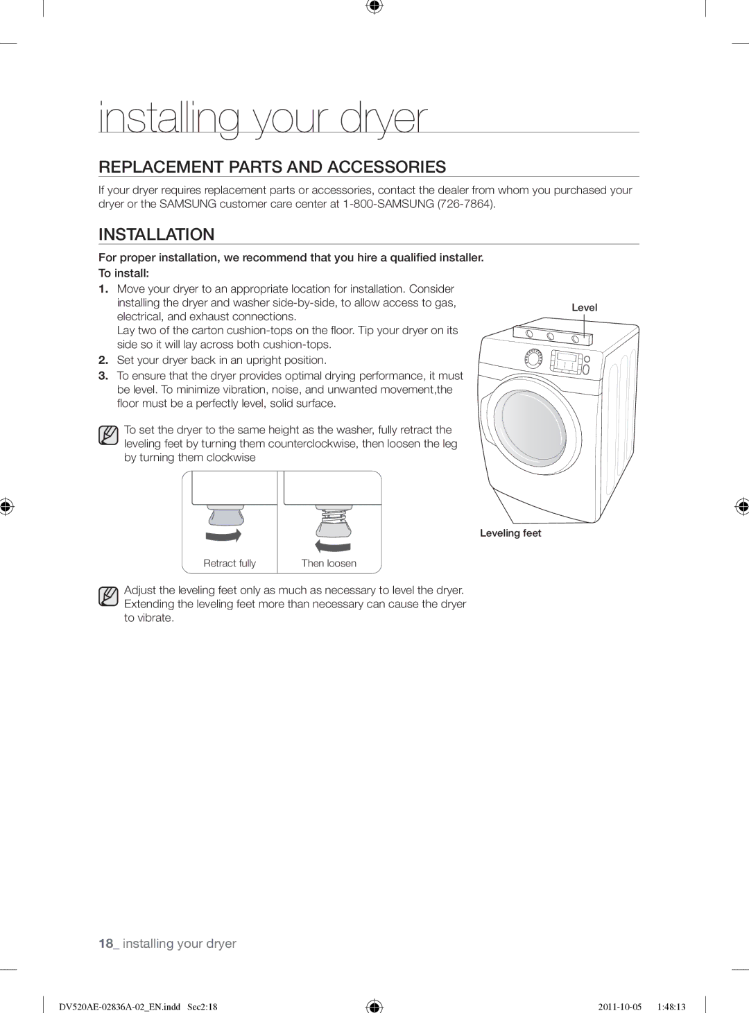 Samsung DV520AEP/XAA manual Replacement Parts and Accessories, Installation, Electrical, and exhaust connections 