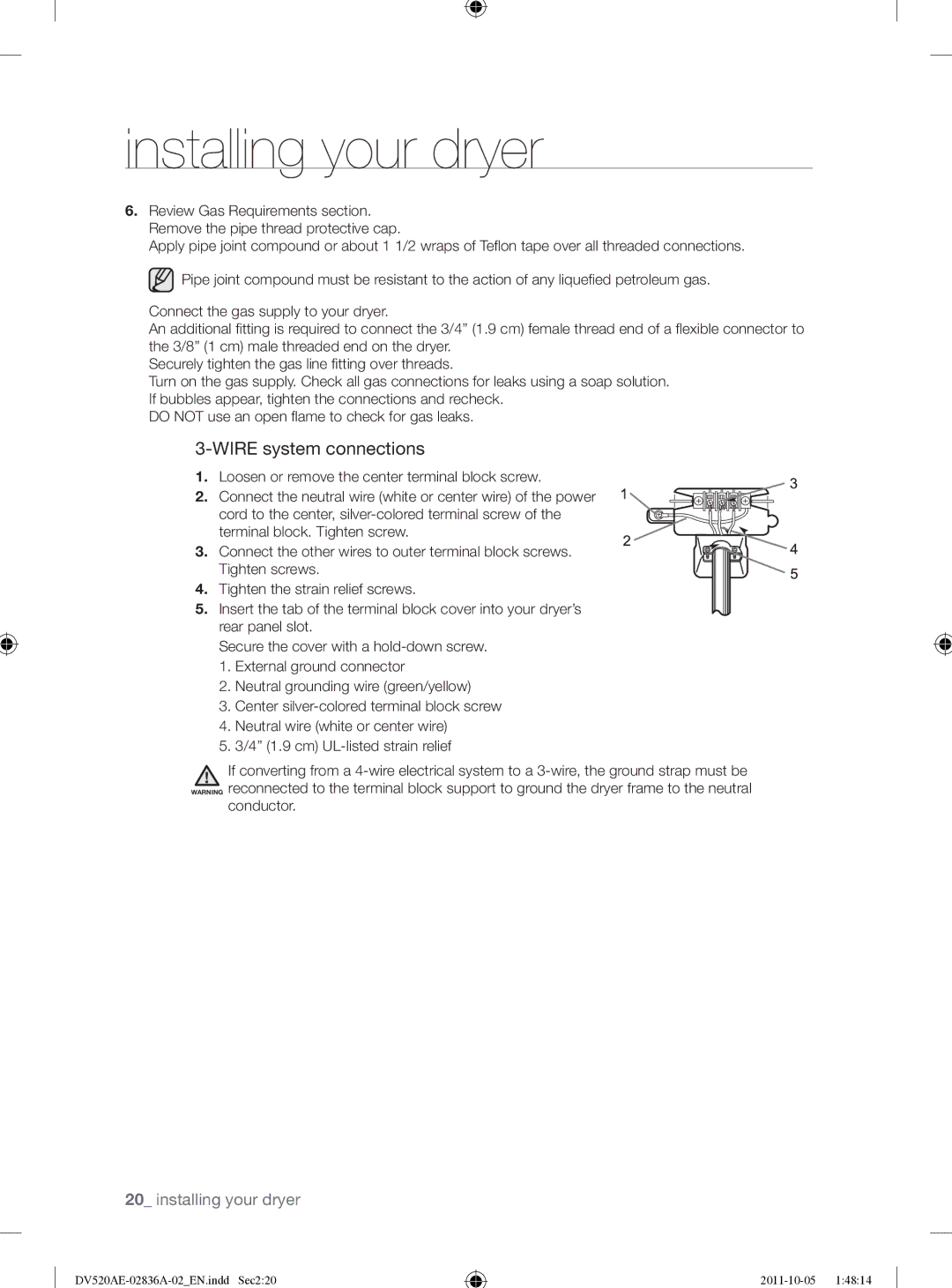 Samsung DV520AEP/XAA manual Wire system connections, Conductor 