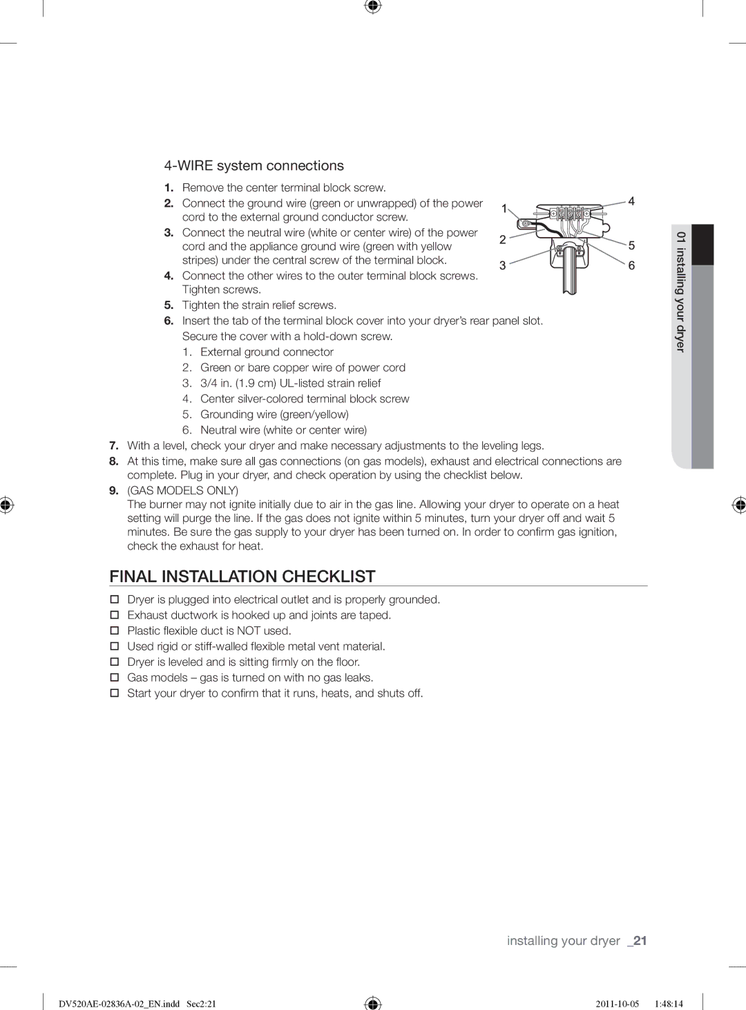 Samsung DV520AEP/XAA manual Final Installation Checklist, GAS Models only 