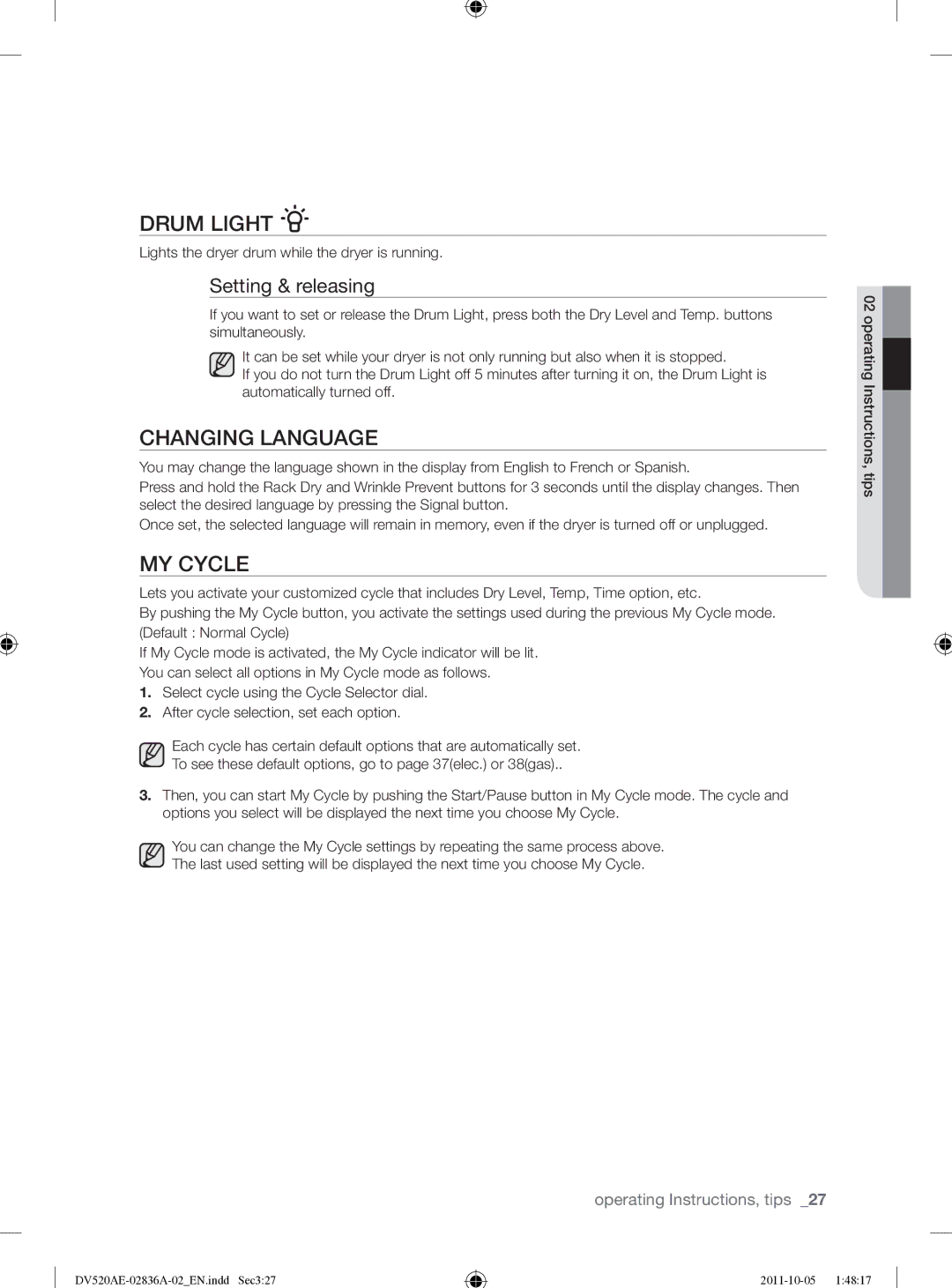 Samsung DV520AEP/XAA manual Drum Light, Changing Language, MY Cycle, Setting & releasing 