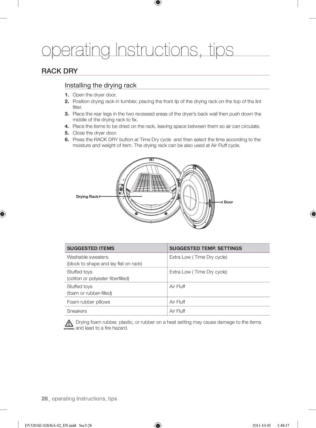 Samsung DV520AEP/XAA manual Rack DRY, Installing the drying rack, Suggested Items Suggested TEMP. Settings 