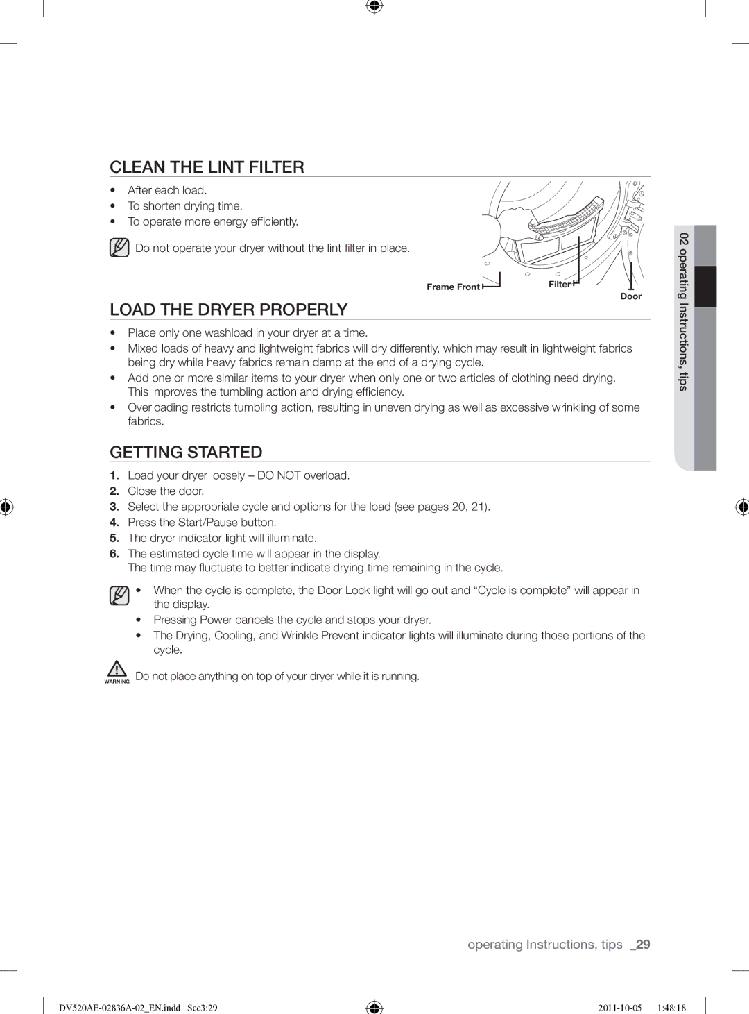 Samsung DV520AEP/XAA manual Clean the Lint Filter, Load the Dryer Properly, Getting Started 