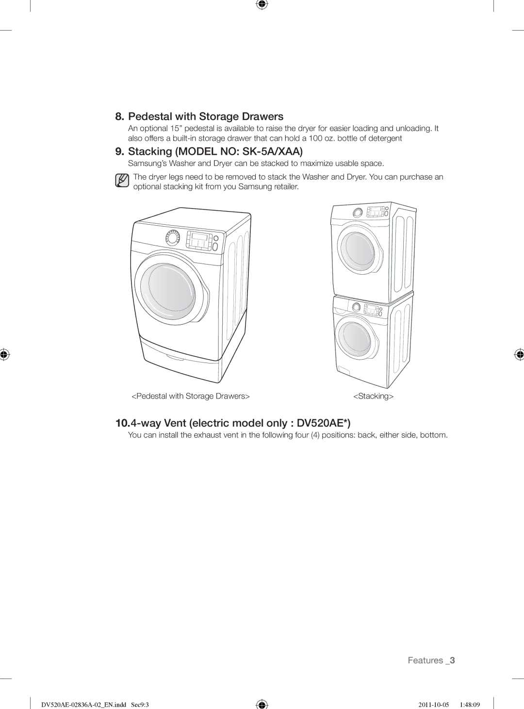 Samsung DV520AEP/XAA Pedestal with Storage Drawers, Stacking Model no SK-5A/XAA, Way Vent electric model only DV520AE 