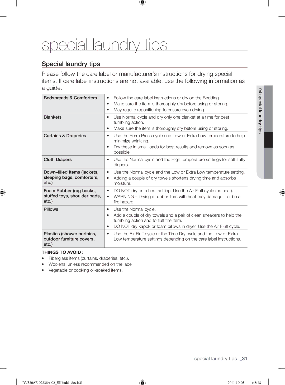 Samsung DV520AEP/XAA manual Special laundry tips, Things to Avoid 