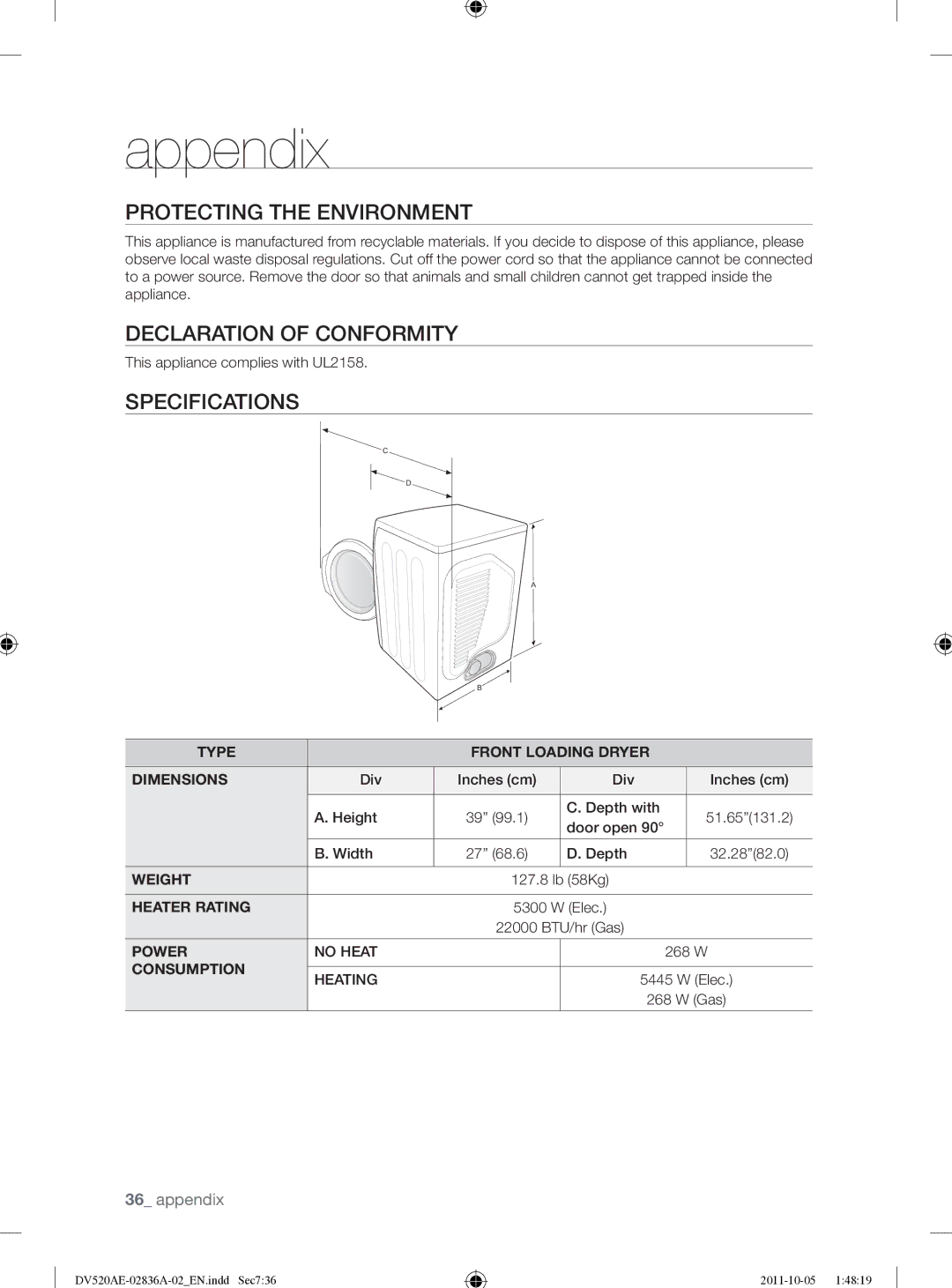 Samsung DV520AEP/XAA manual Protecting the Environment, Declaration of Conformity, Specifications 