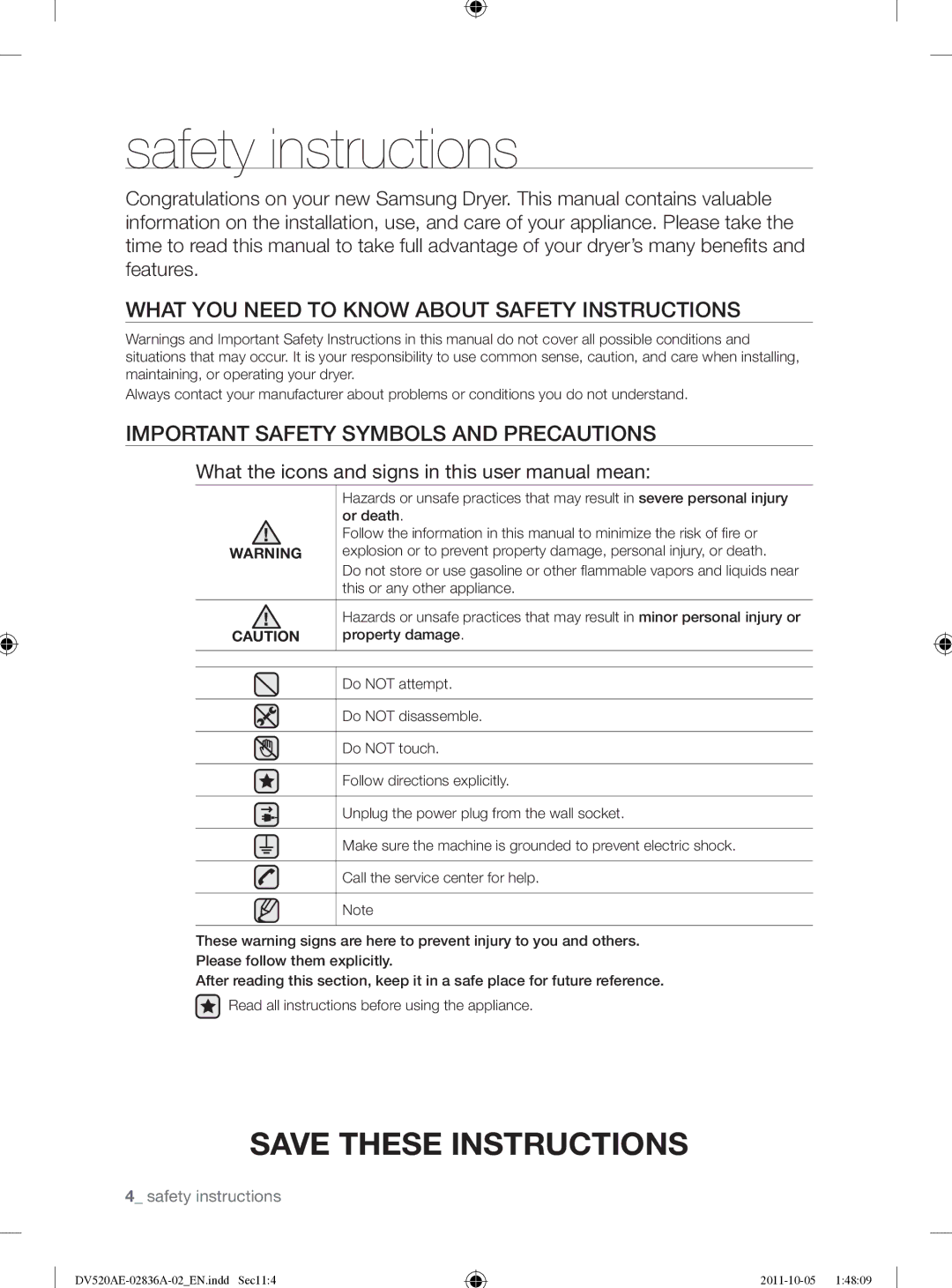 Samsung DV520AEP/XAA manual Safety instructions, What YOU Need to Know about Safety Instructions 