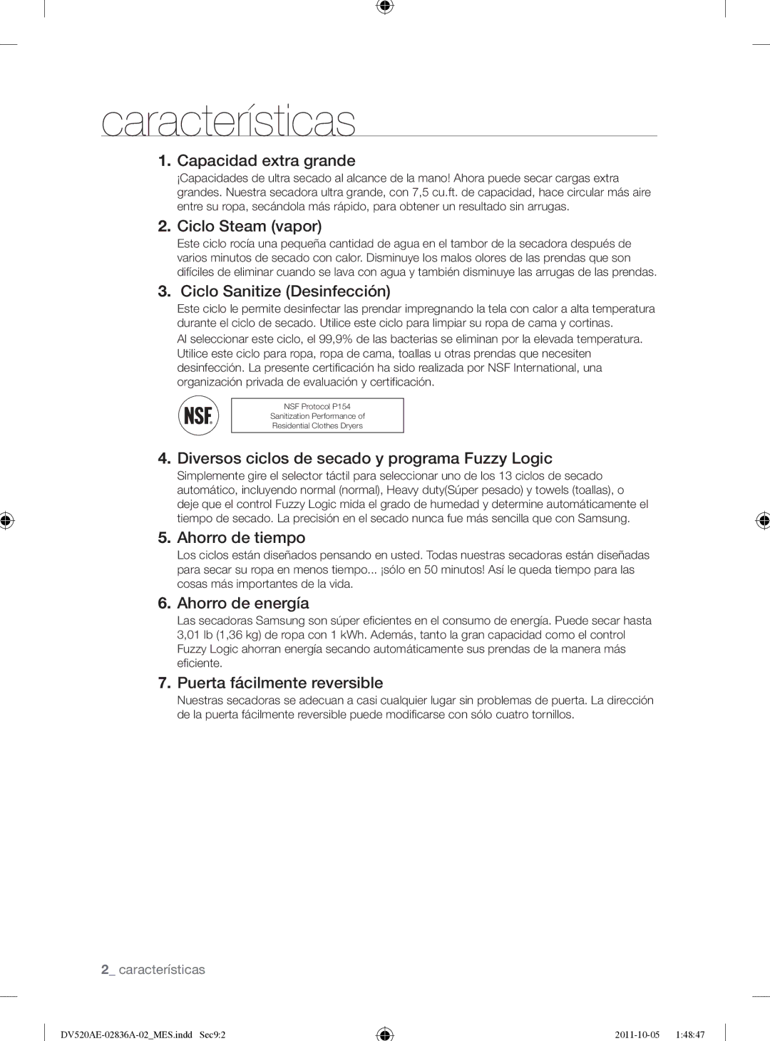 Samsung DV520AEP/XAA manual Características 