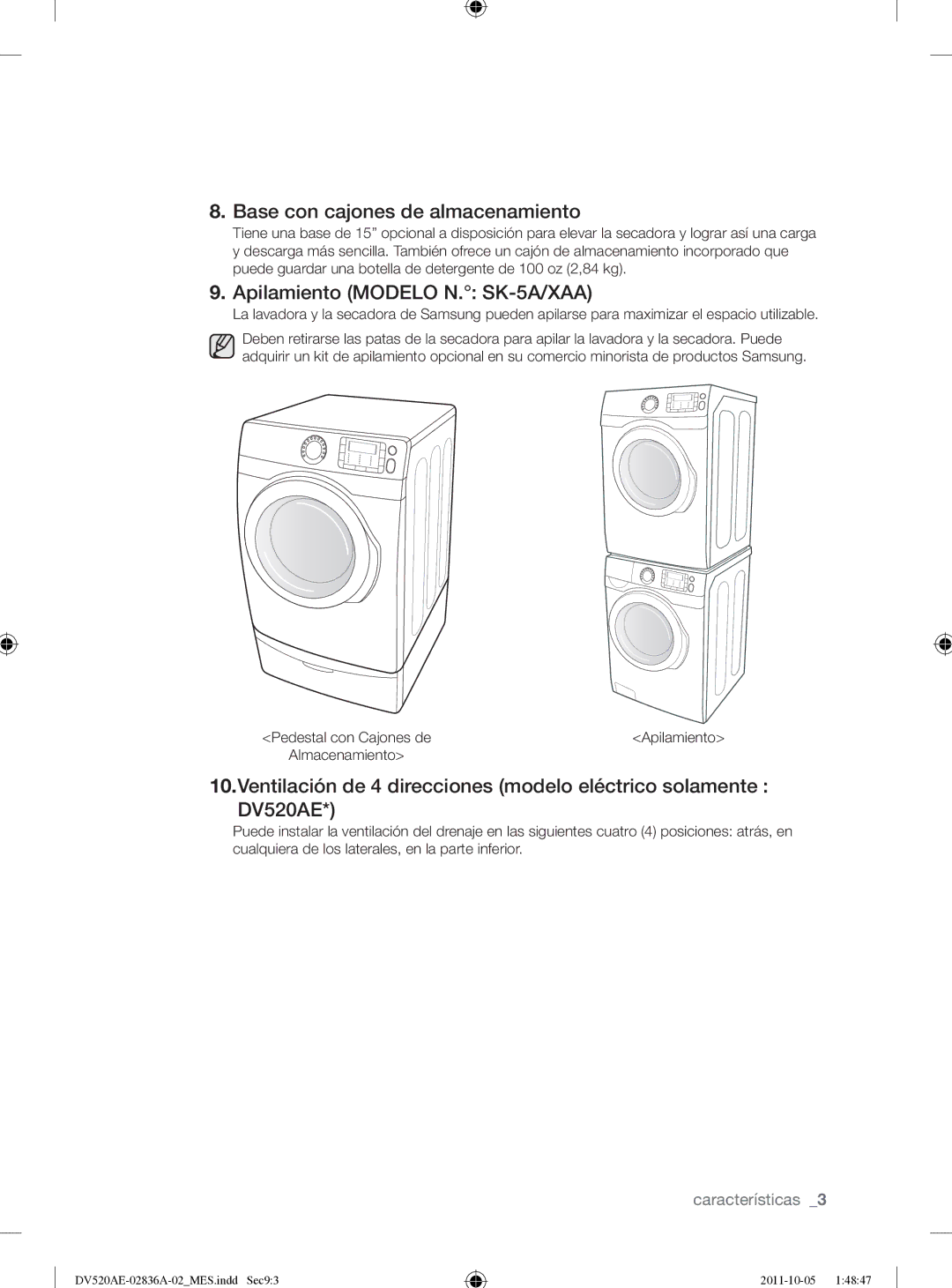 Samsung DV520AEP/XAA manual Base con cajones de almacenamiento, Apilamiento Modelo N. SK-5A/XAA 