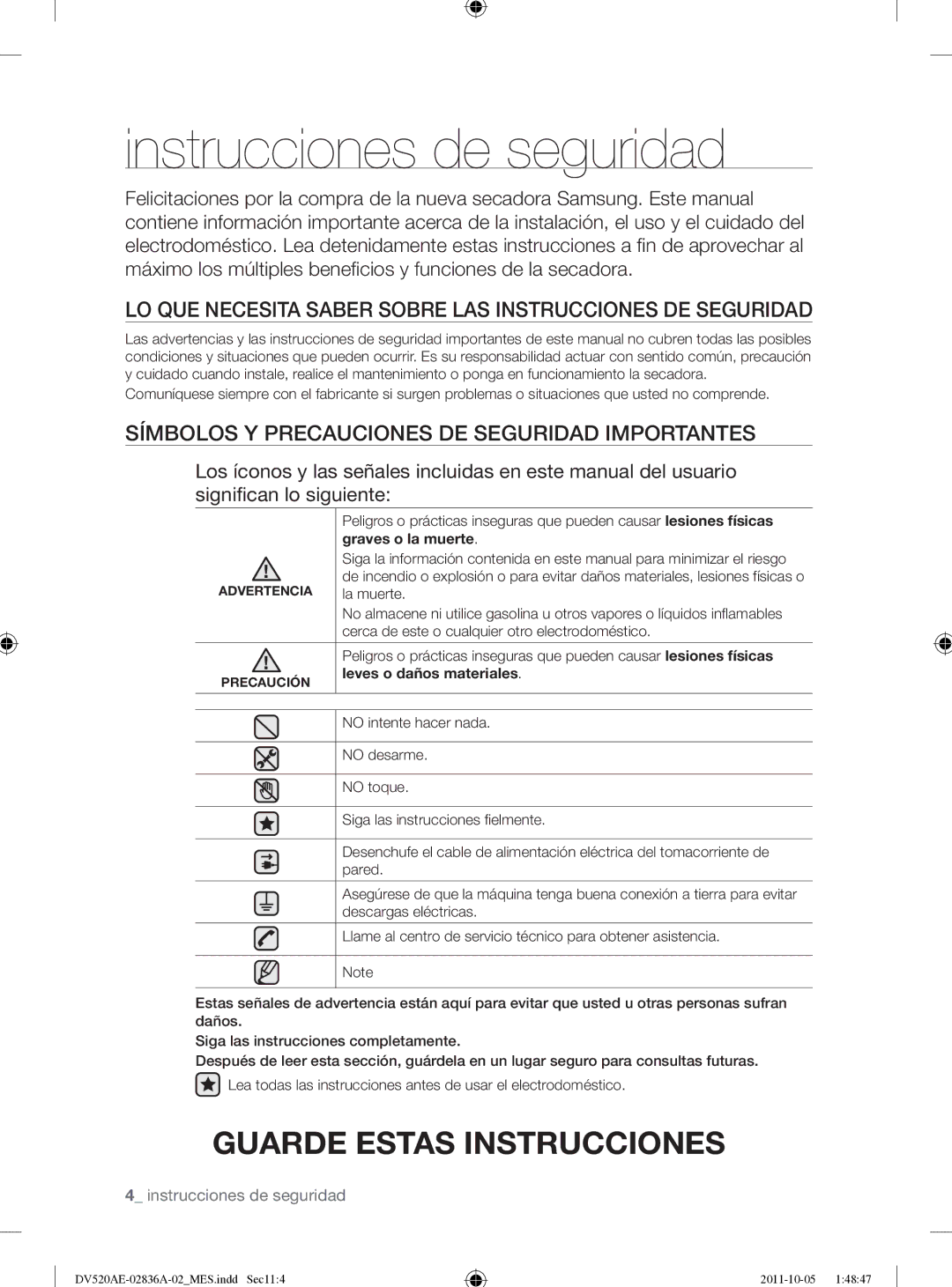 Samsung DV520AEP/XAA manual Instrucciones de seguridad, LO QUE Necesita Saber Sobre LAS Instrucciones DE Seguridad 