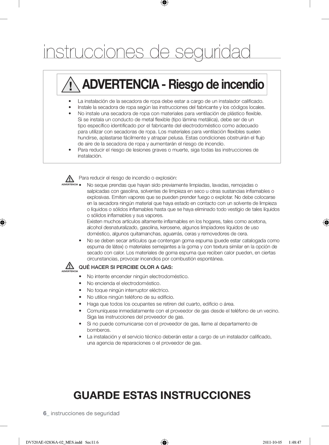 Samsung DV520AEP/XAA manual Advertencia Riesgo de incendio 