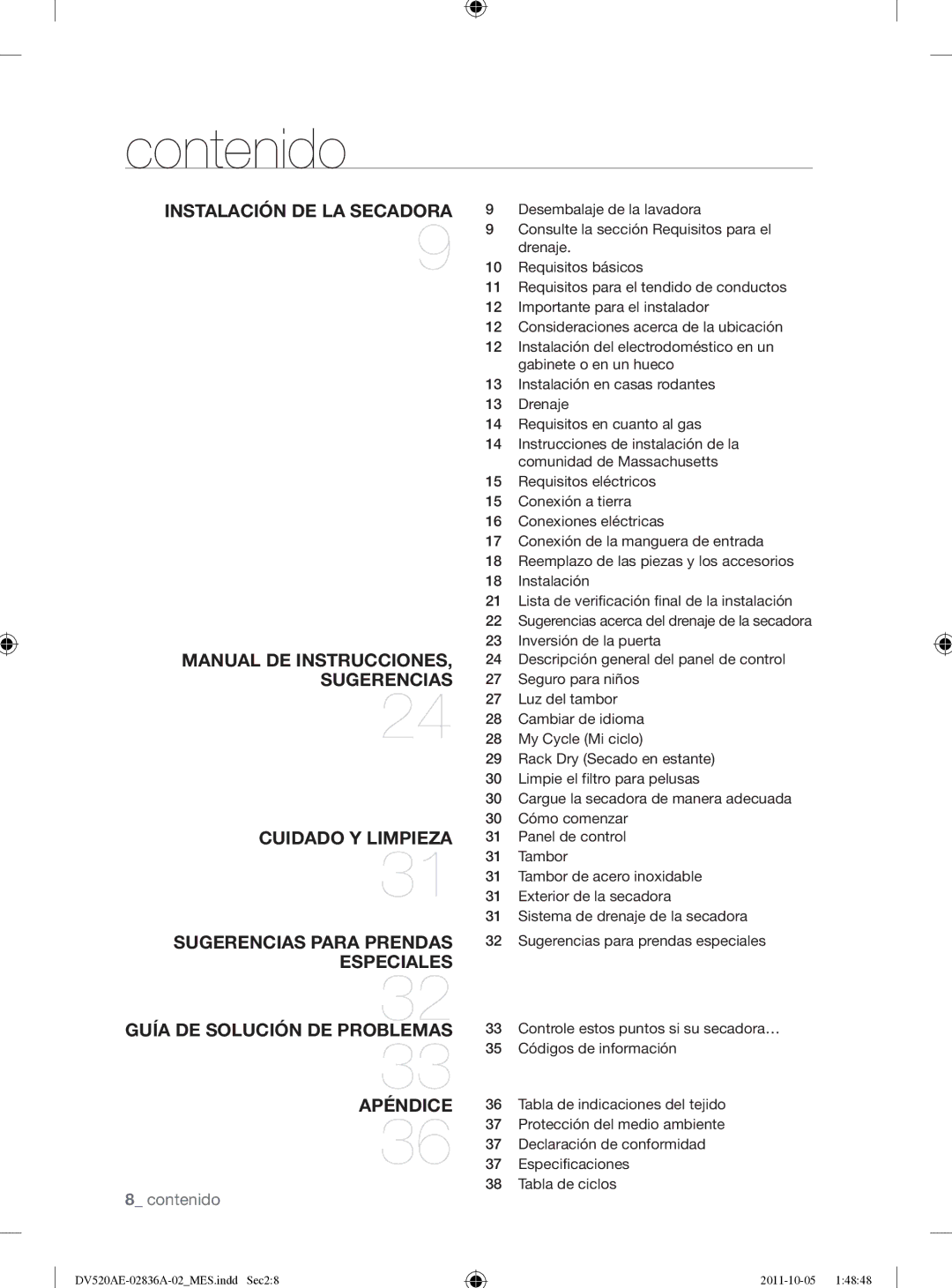 Samsung DV520AEP/XAA manual Contenido 