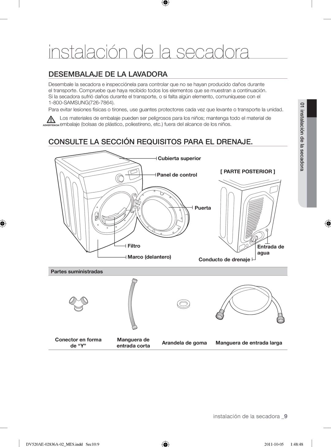 Samsung DV520AEP/XAA manual Instalación de la secadora, Desembalaje DE LA Lavadora, Parte Posterior 