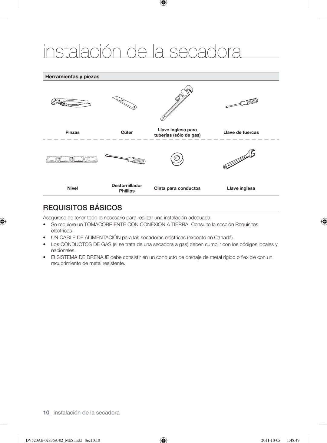 Samsung DV520AEP/XAA manual Requisitos Básicos, Herramientas y piezas 