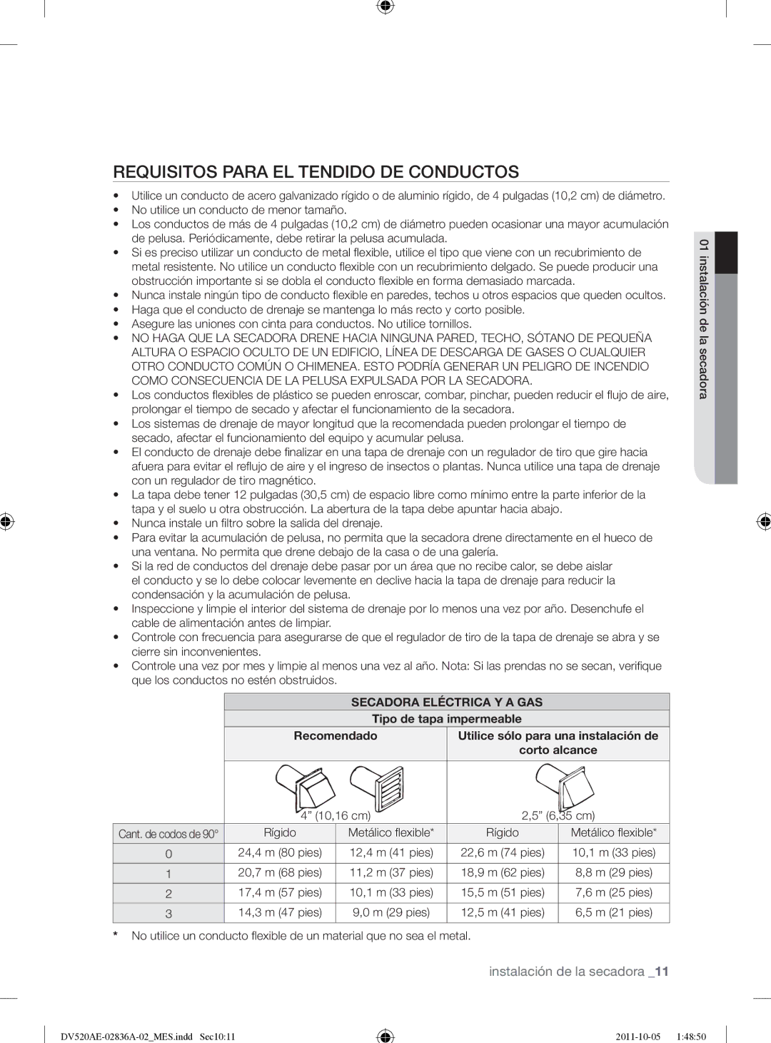 Samsung DV520AEP/XAA manual Requisitos Para EL Tendido DE Conductos, Secadora Eléctrica Y a GAS, Recomendado 