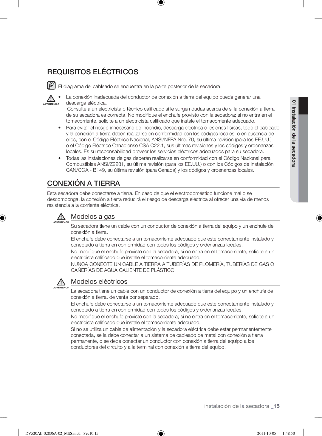 Samsung DV520AEP/XAA manual Requisitos Eléctricos, Conexión a Tierra, Modelos a gas, Modelos eléctricos 