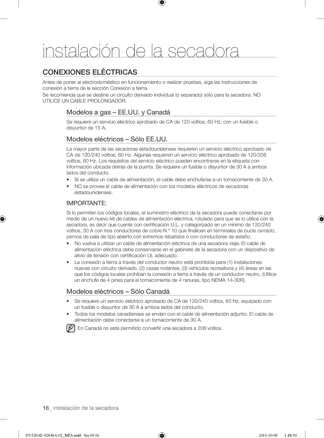 Samsung DV520AEP/XAA manual Conexiones Eléctricas, Modelos a gas EE.UU. y Canadá, Modelos eléctricos Sólo EE.UU 