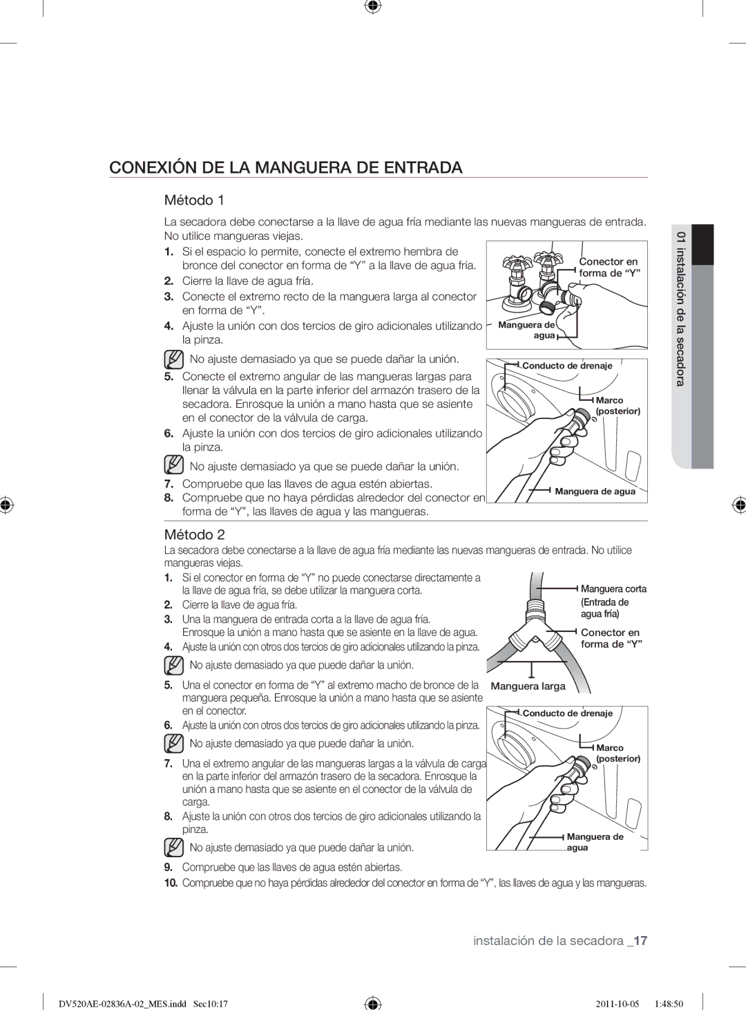 Samsung DV520AEP/XAA manual Conexión DE LA Manguera DE Entrada, Método, Forma de Y, las llaves de agua y las mangueras 