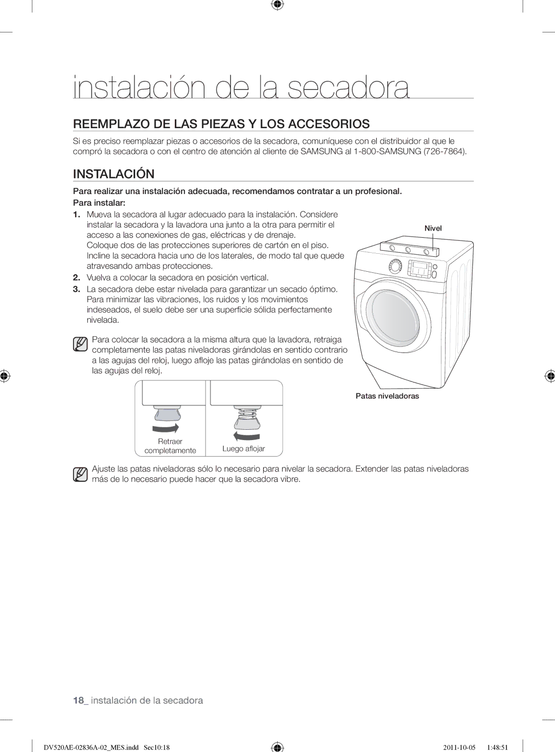 Samsung DV520AEP/XAA manual Reemplazo DE LAS Piezas Y LOS Accesorios, Instalación 