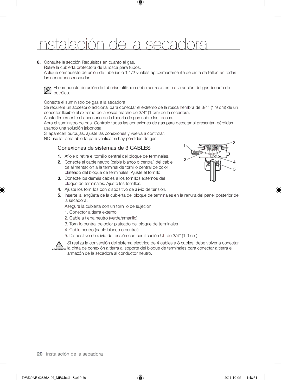 Samsung DV520AEP/XAA manual Conexiones de sistemas de 3 Cables, Armazón de la secadora al conductor neutro 