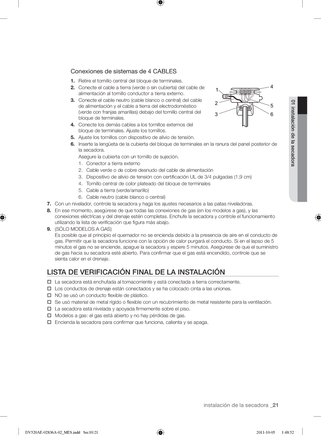 Samsung DV520AEP/XAA manual Lista DE Verificación Final DE LA Instalación, Conexiones de sistemas de 4 Cables 