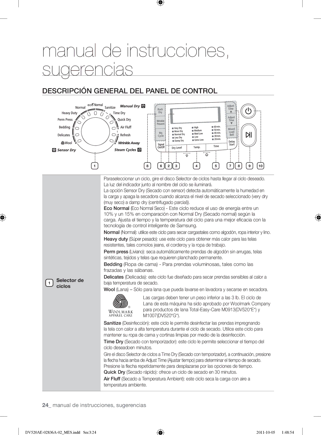 Samsung DV520AEP/XAA manual Descripción General DEL Panel DE Control, Selector de ciclos 