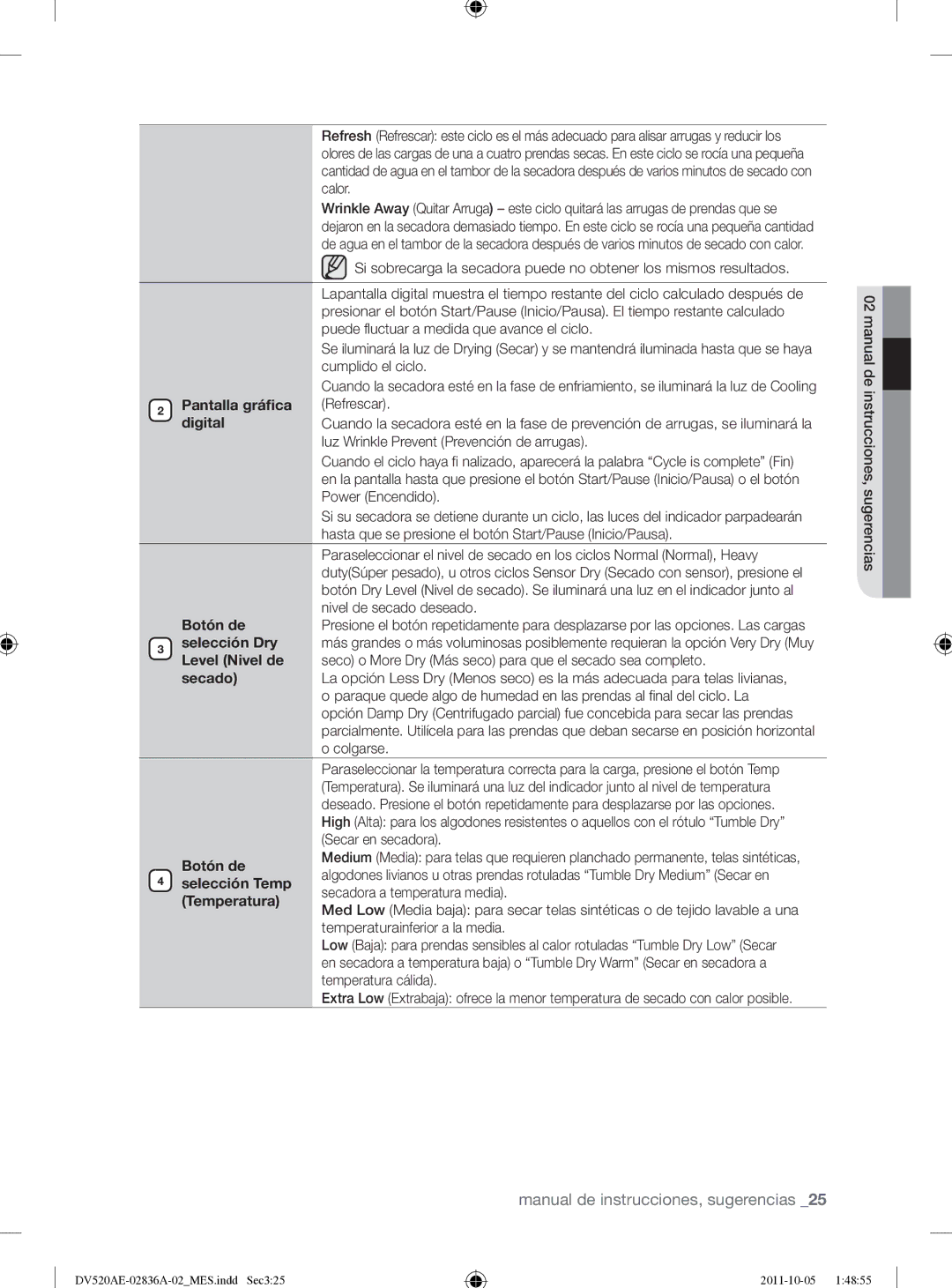 Samsung DV520AEP/XAA manual Pantalla gráfica, Digital, Botón de, Secado, Selección Temp, Temperatura 