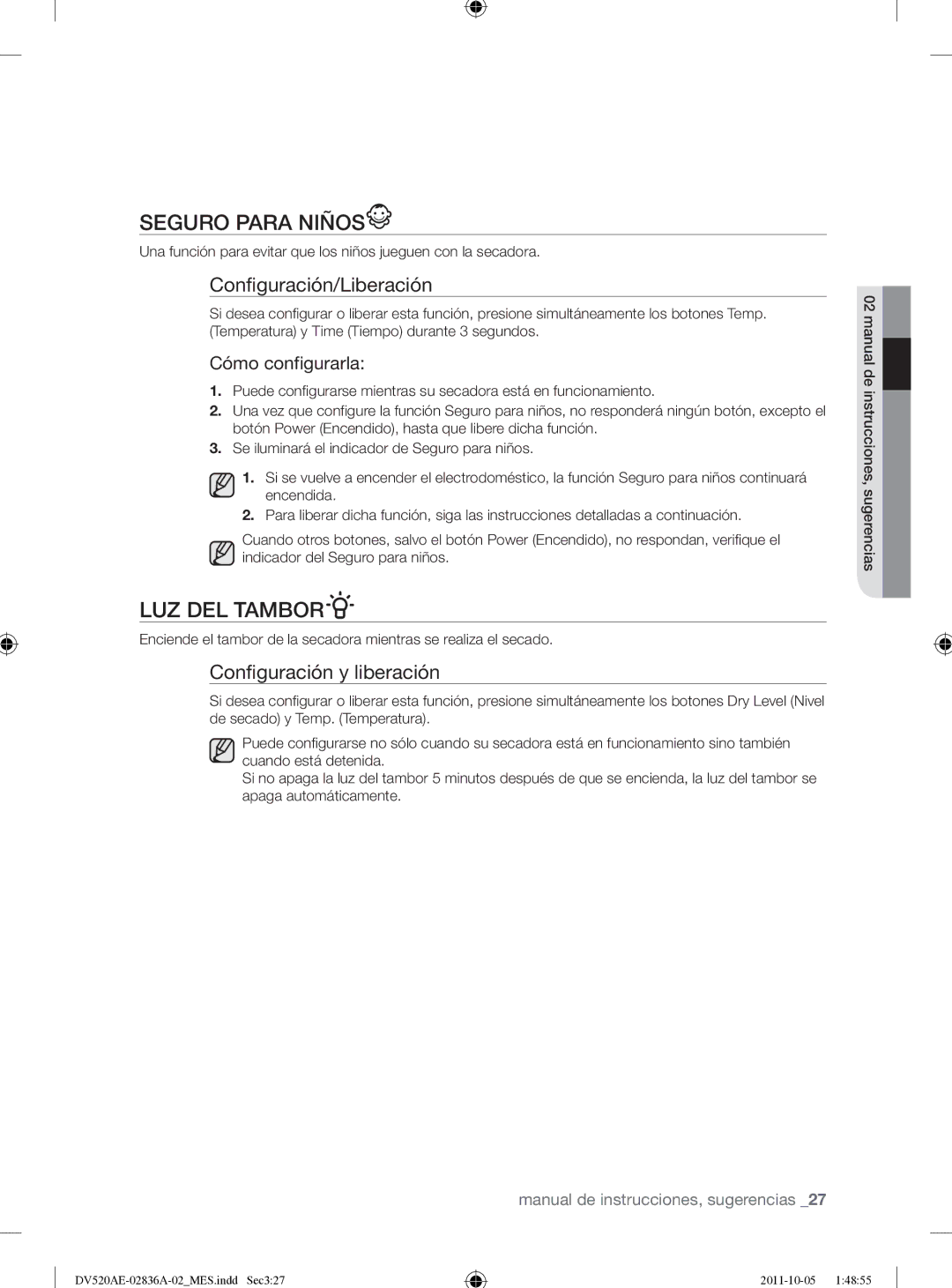 Samsung DV520AEP/XAA manual Seguro Para Niños, LUZ DEL Tambor, Configuración/Liberación, Configuración y liberación 