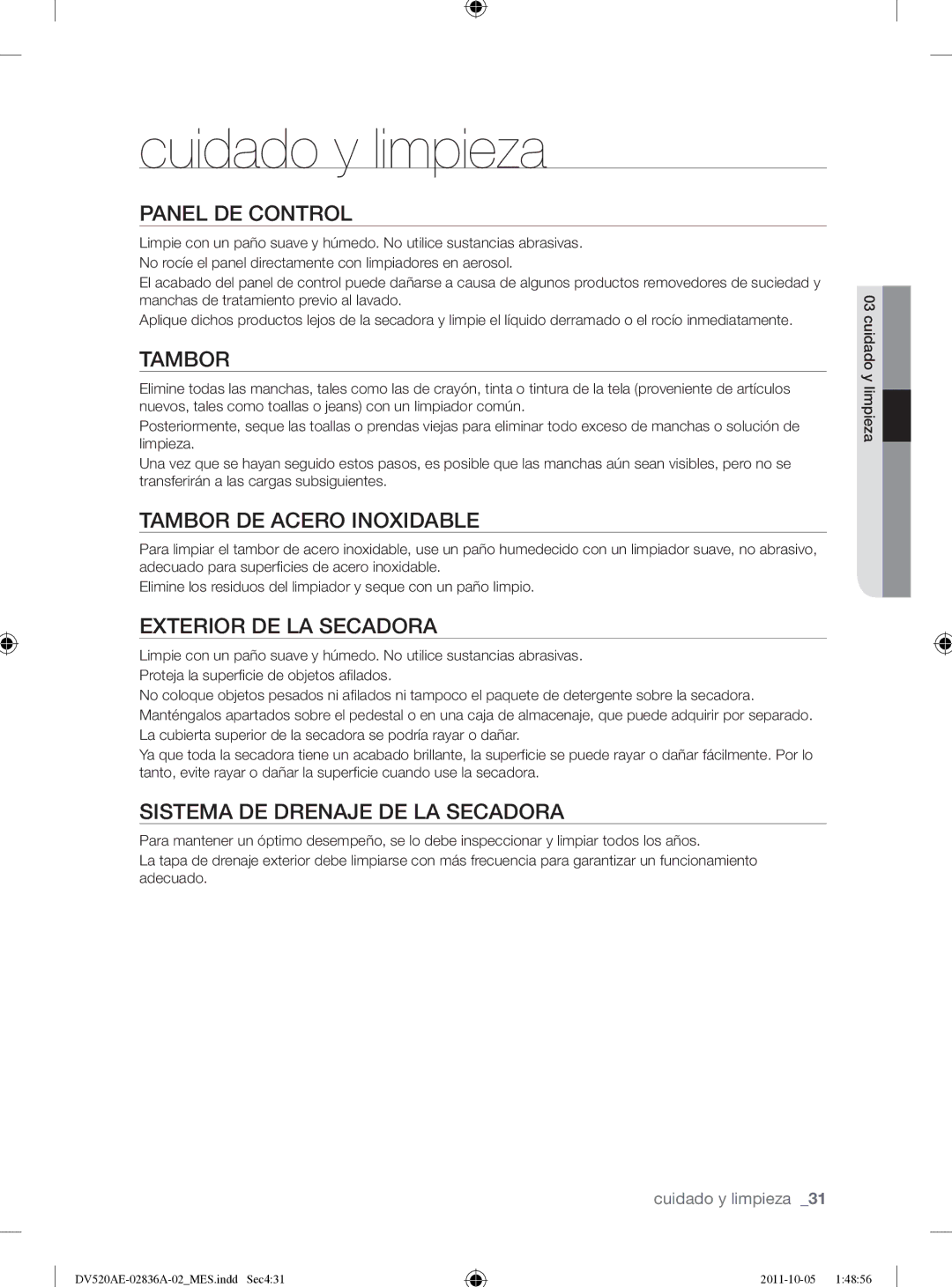 Samsung DV520AEP/XAA manual Cuidado y limpieza 