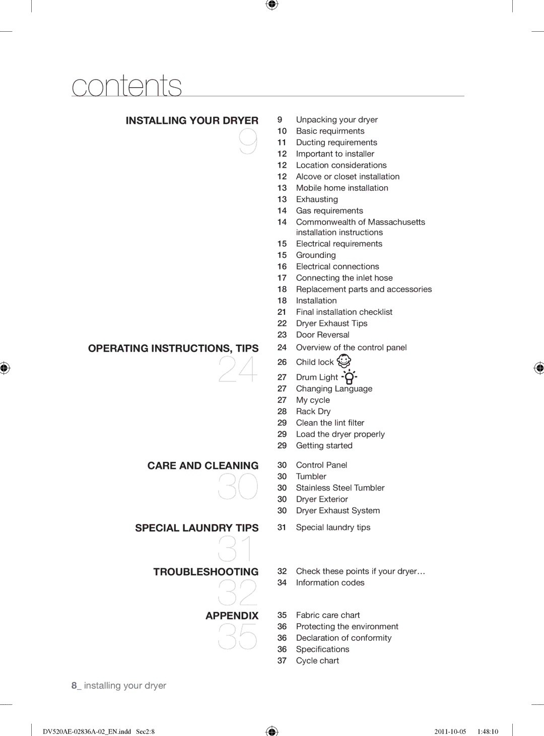 Samsung DV520AEP/XAA manual Contents 