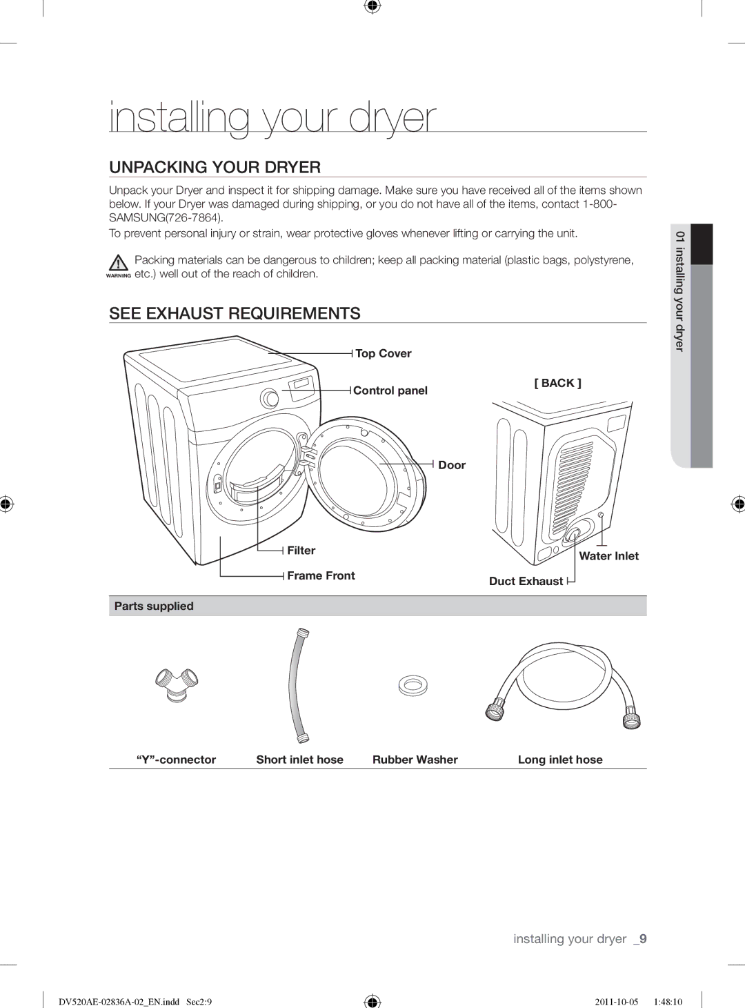 Samsung DV520AEP/XAA Installing your dryer, Unpacking Your Dryer, See Exhaust Requirements, Top Cover Control panel Back 