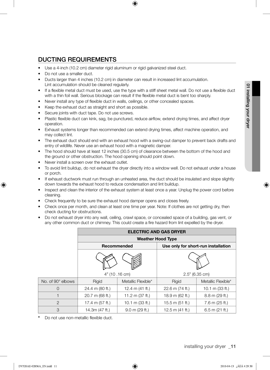 Samsung DV520AE*, DV520AG* user manual Ducting Requirements, Electric and GAS Dryer, Weather Hood Type 