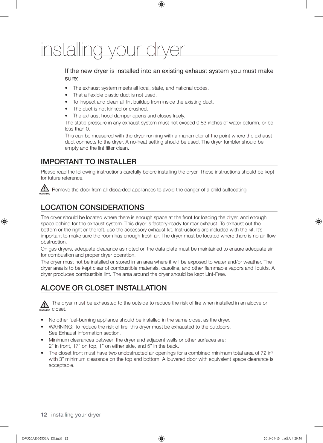 Samsung DV520AG*, DV520AE* user manual Important to Installer, Location Considerations, Alcove or Closet Installation 