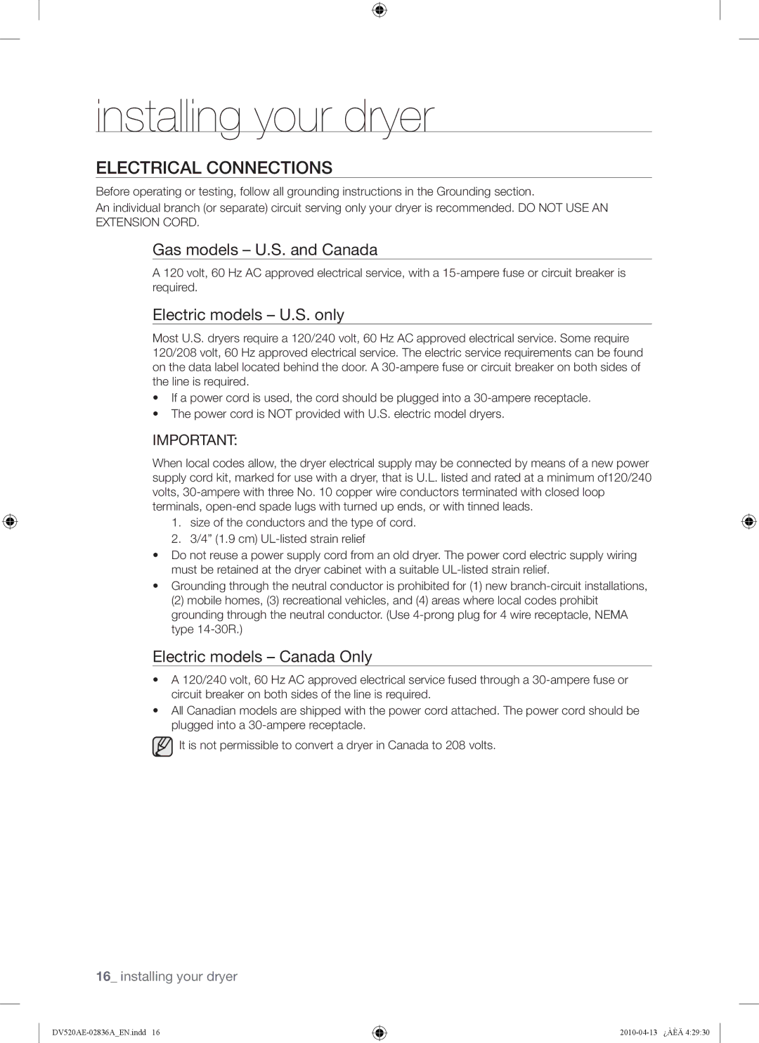 Samsung DV520 Electrical Connections, Gas models U.S. and Canada, Electric models U.S. only, Electric models Canada Only 