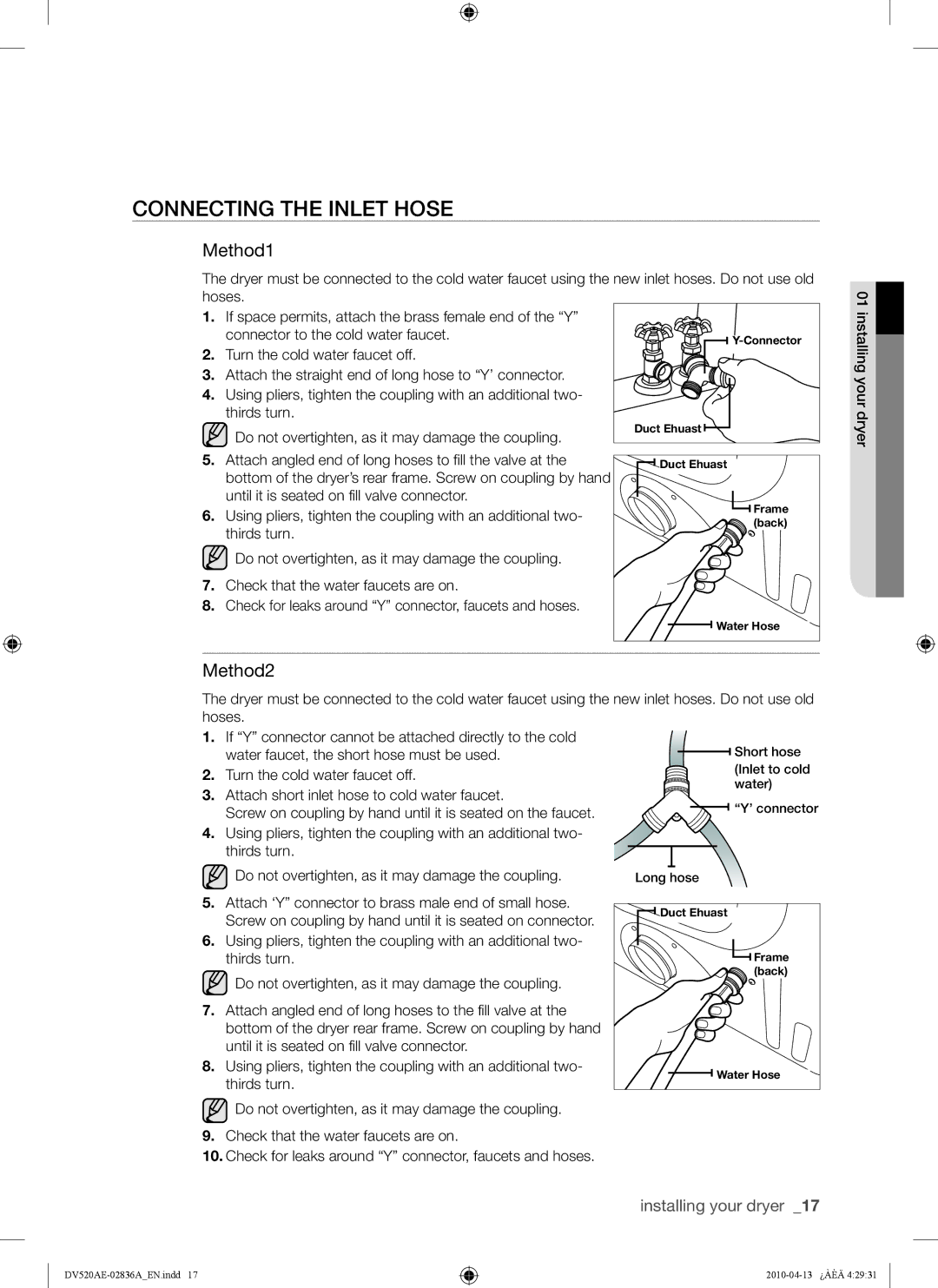 Samsung DV520AE*, DV520AG* user manual Connecting the Inlet Hose, Method1, Method2 