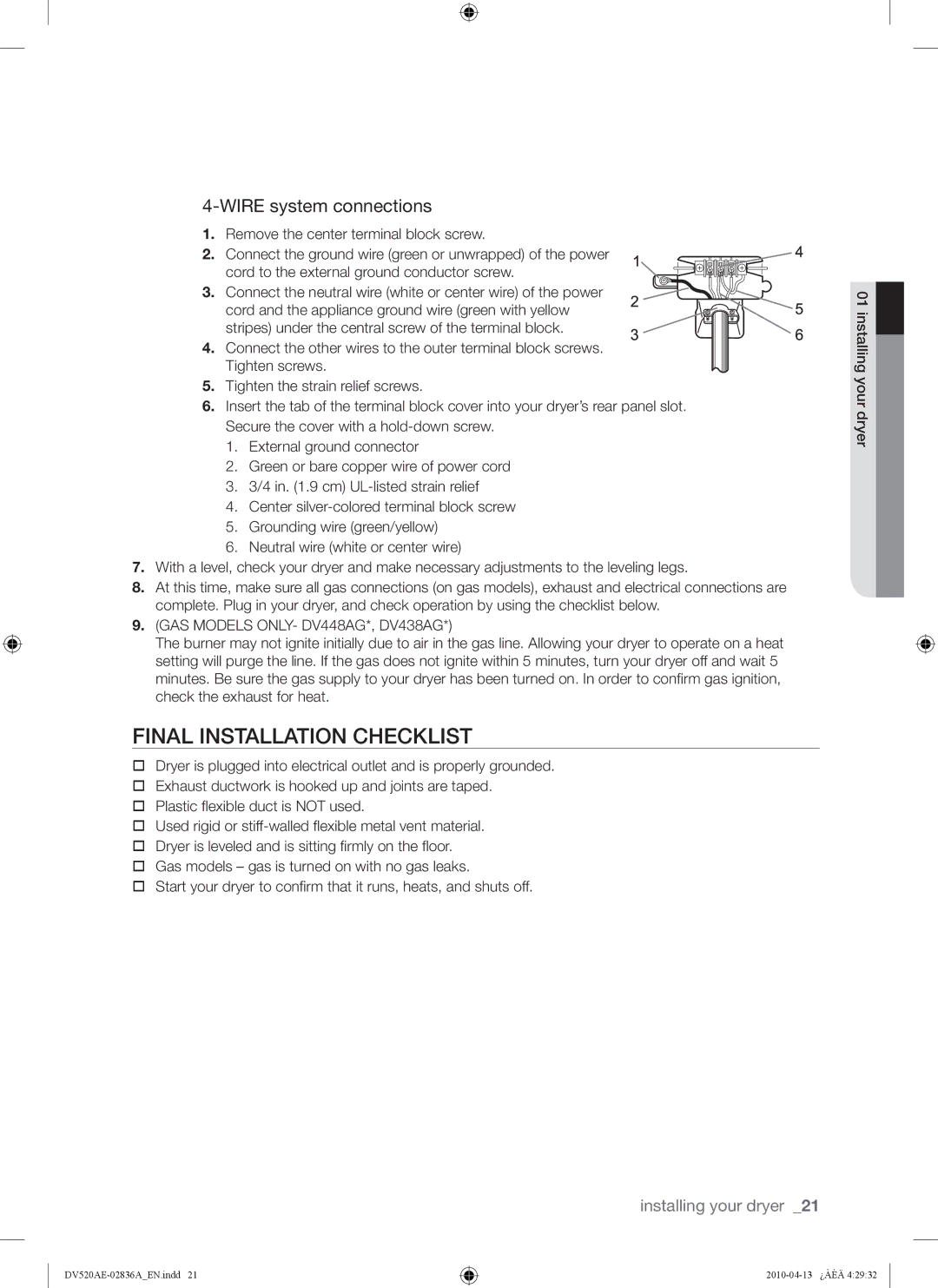 Samsung DV520AG*, DV520AE* user manual Final Installation Checklist, GAS Models ONLY- DV448AG*, DV438AG 