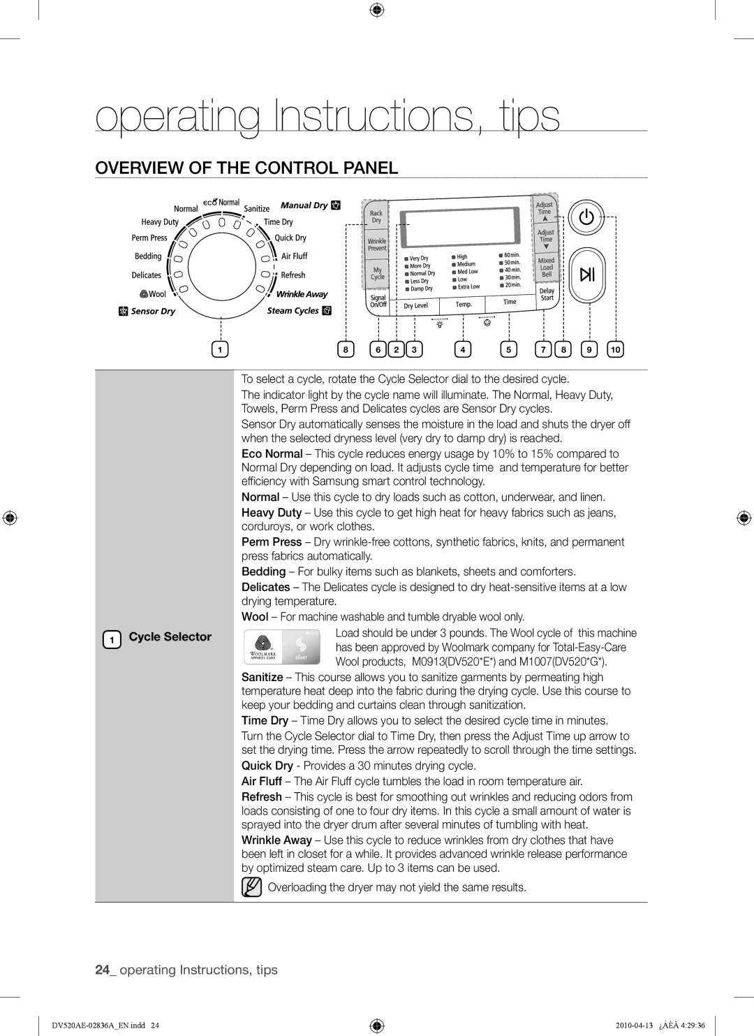 Samsung DV520AG*, DV520AE* Operating Instructions, tips, Overview of the Control Panel, Drying temperature, Cycle Selector 