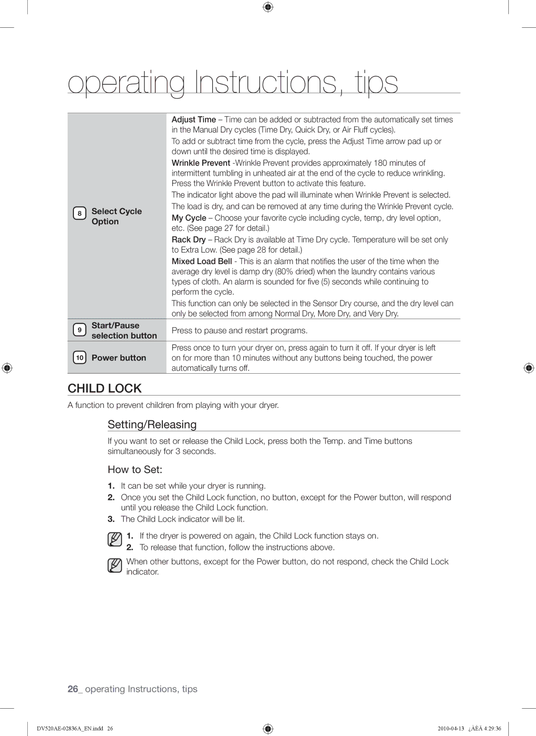 Samsung DV520AE*, DV520AG* user manual Child Lock, Setting/Releasing, How to Set 