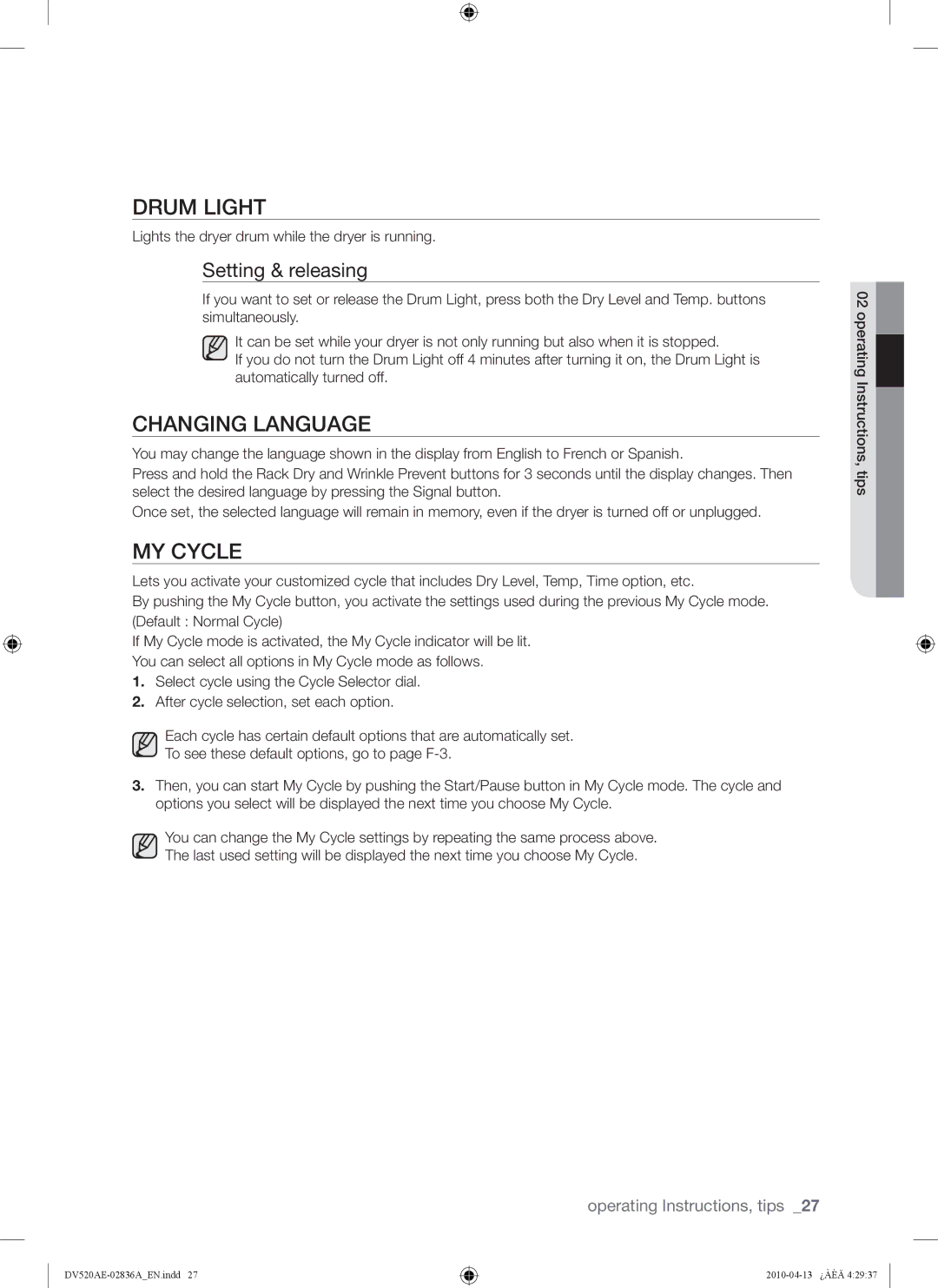 Samsung DV520AG*, DV520AE* user manual Drum Light, Changing Language, MY Cycle, Setting & releasing 