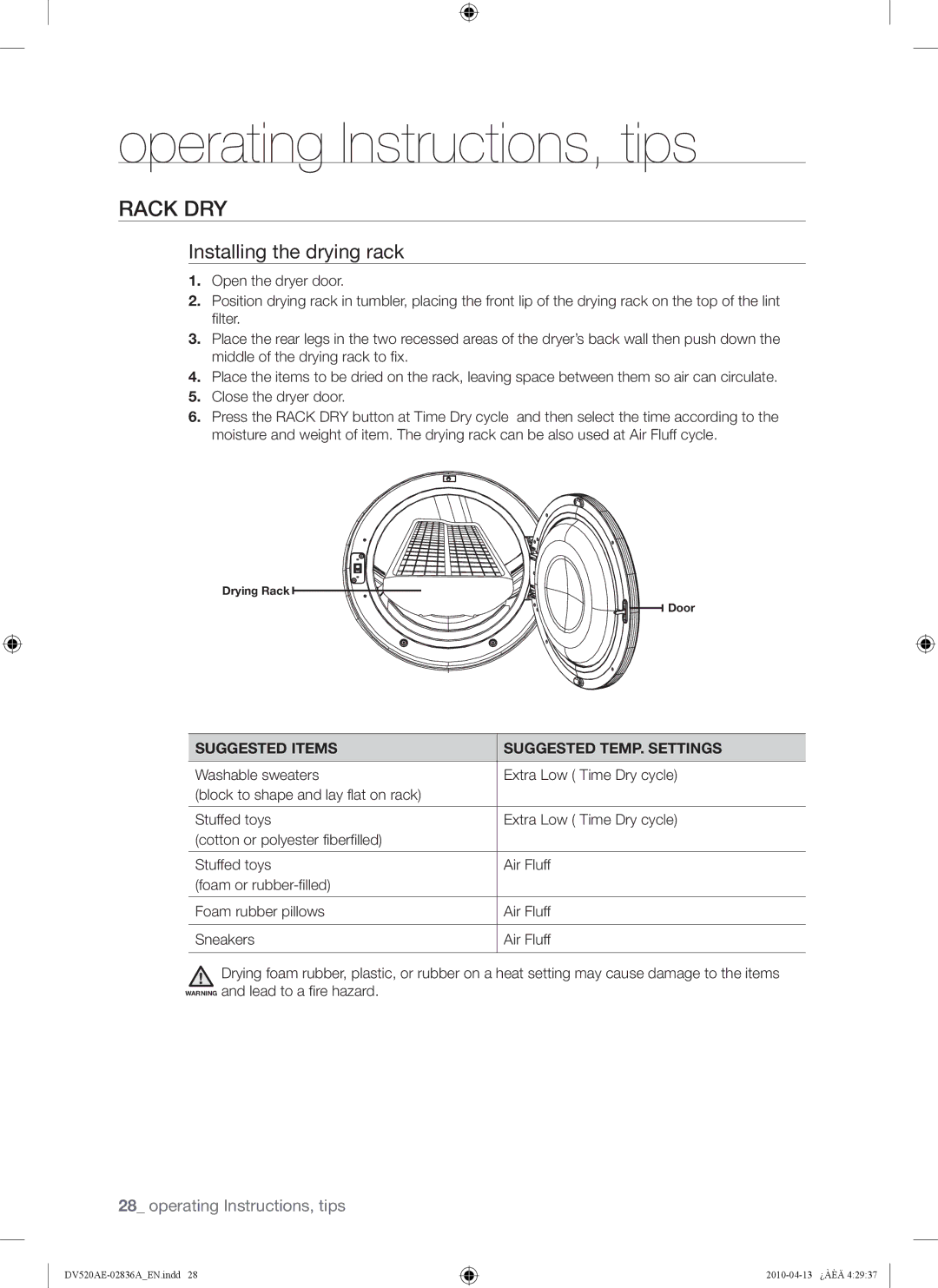 Samsung DV520AG*, DV520AE* user manual Rack DRY, Installing the drying rack, Suggested Items Suggested TEMP. Settings 