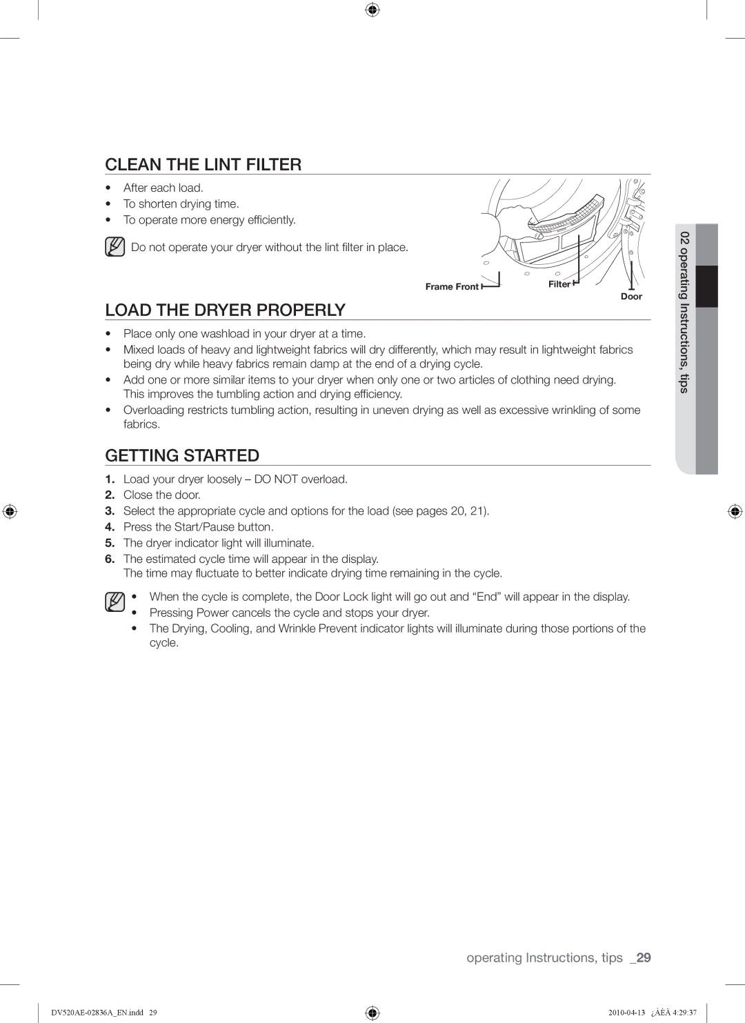 Samsung DV520AE*, DV520AG* user manual Clean the Lint Filter, Load the Dryer Properly, Getting Started 