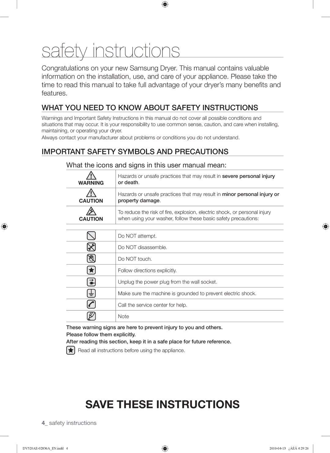 Samsung DV520AG*, DV520AE* user manual Safety instructions, What YOU Need to Know about Safety Instructions 