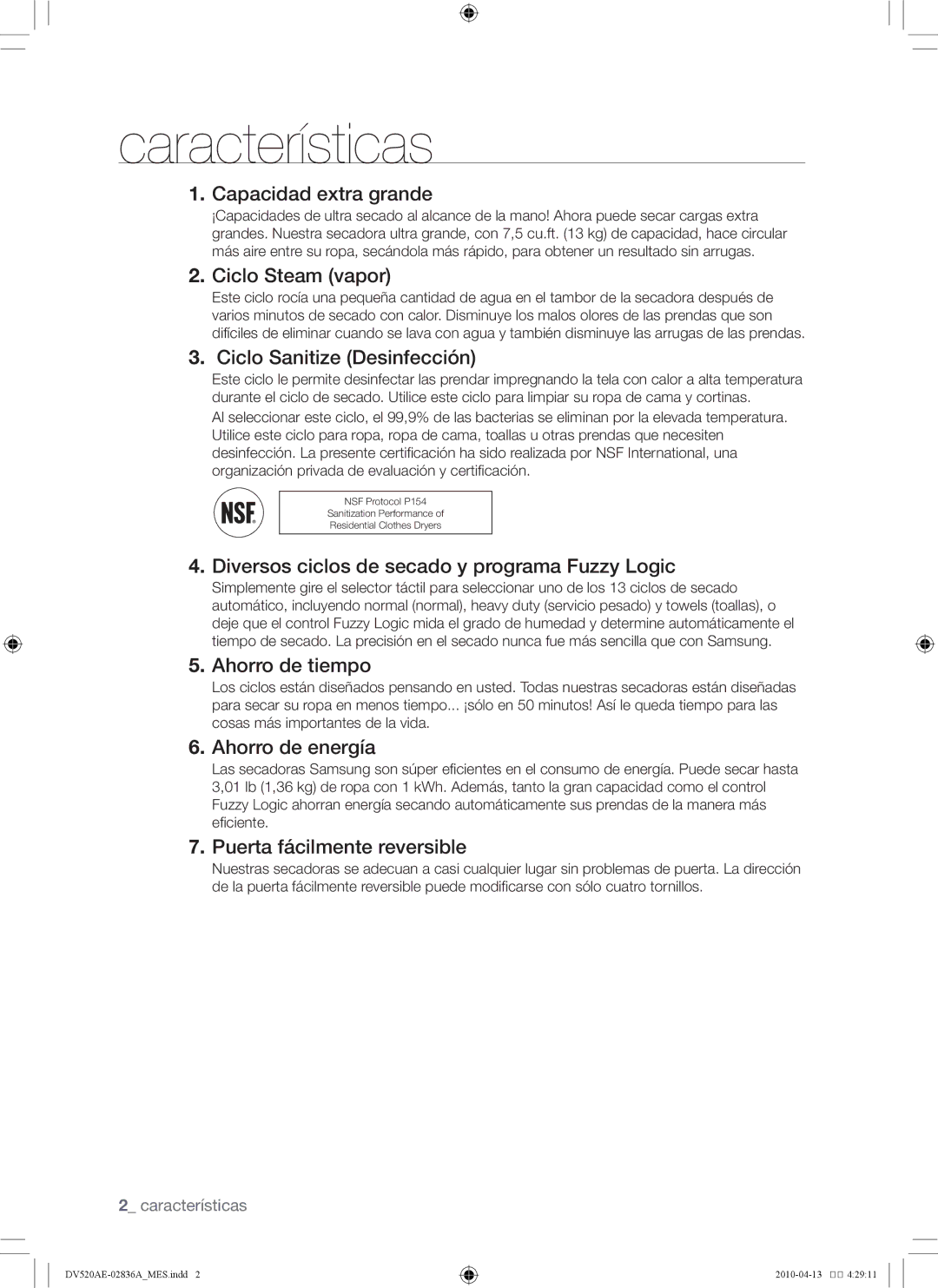 Samsung DV520AE*, DV520AG* user manual Características 