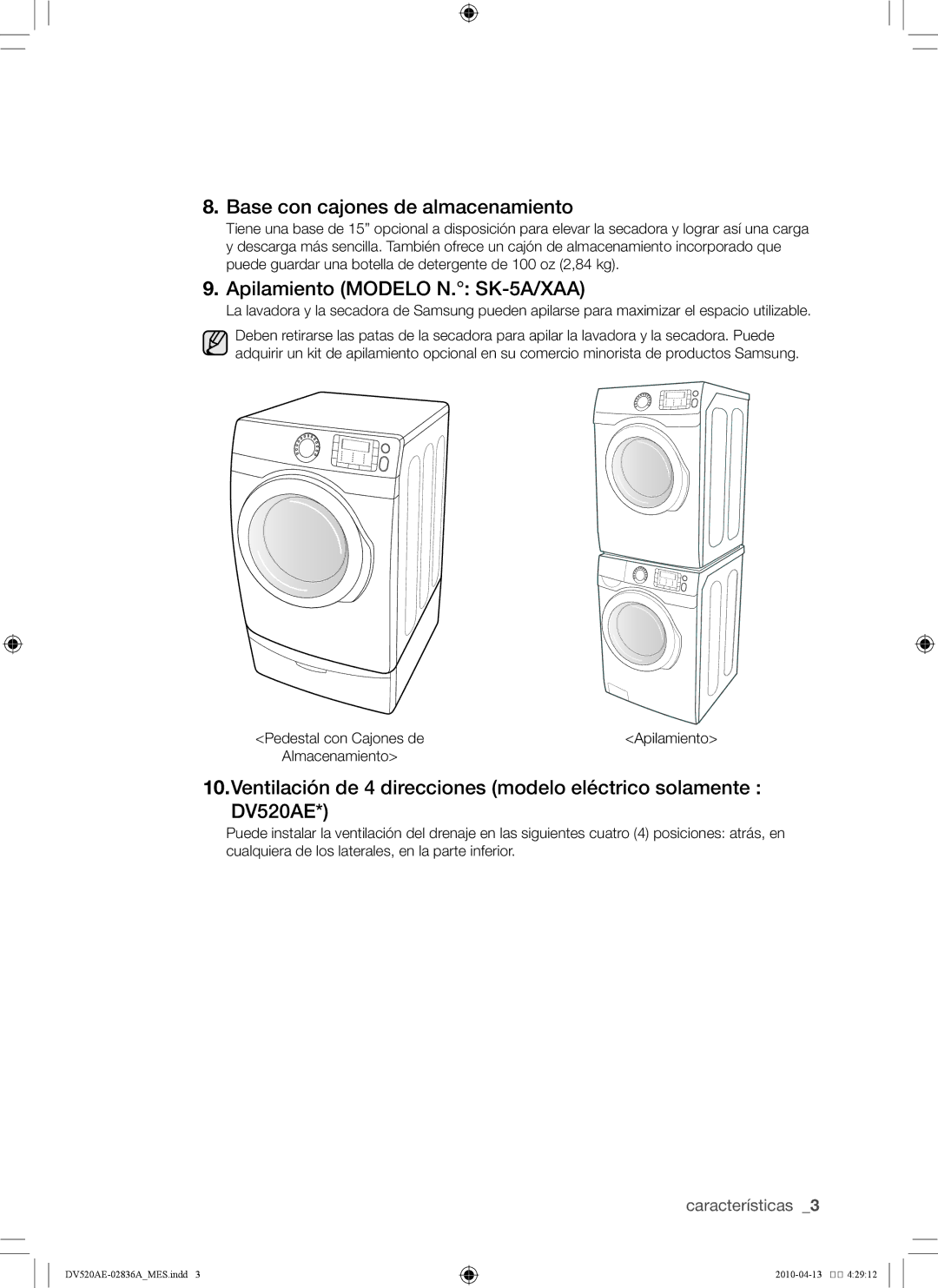 Samsung DV520AG*, DV520AE* user manual Base con cajones de almacenamiento, Apilamiento Modelo N. SK-5A/XAA 