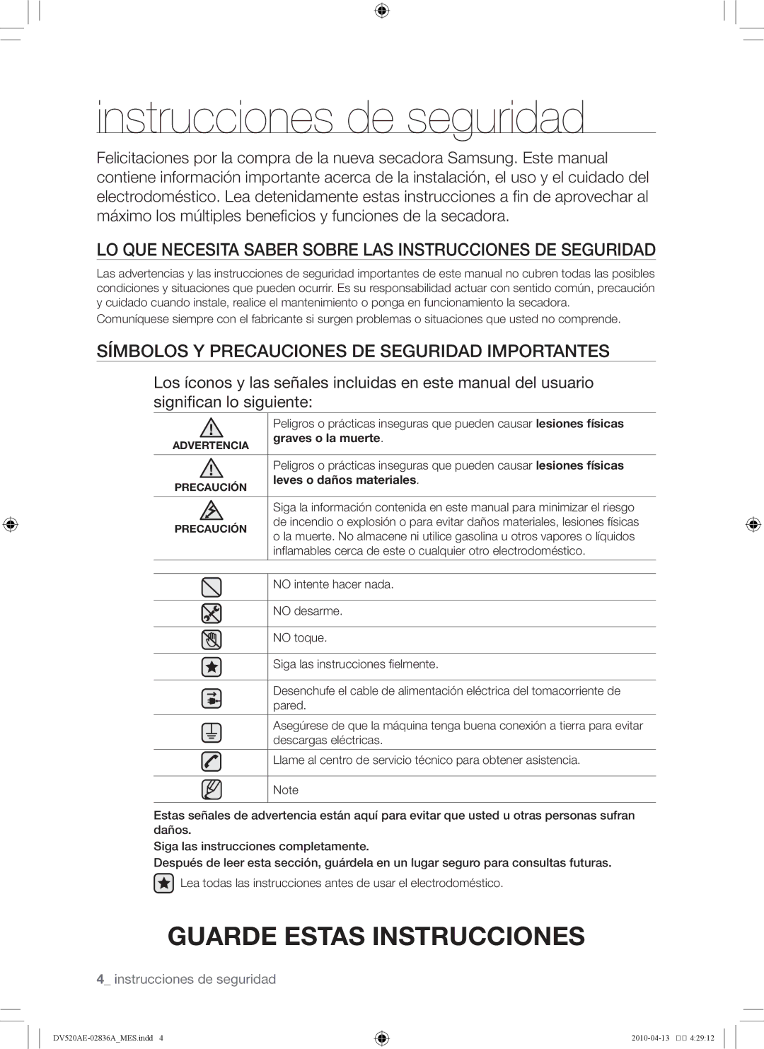 Samsung DV520 Instrucciones de seguridad, Lo que necesita saber sobre las instrucciones de seguridad, Graves o la muerte 