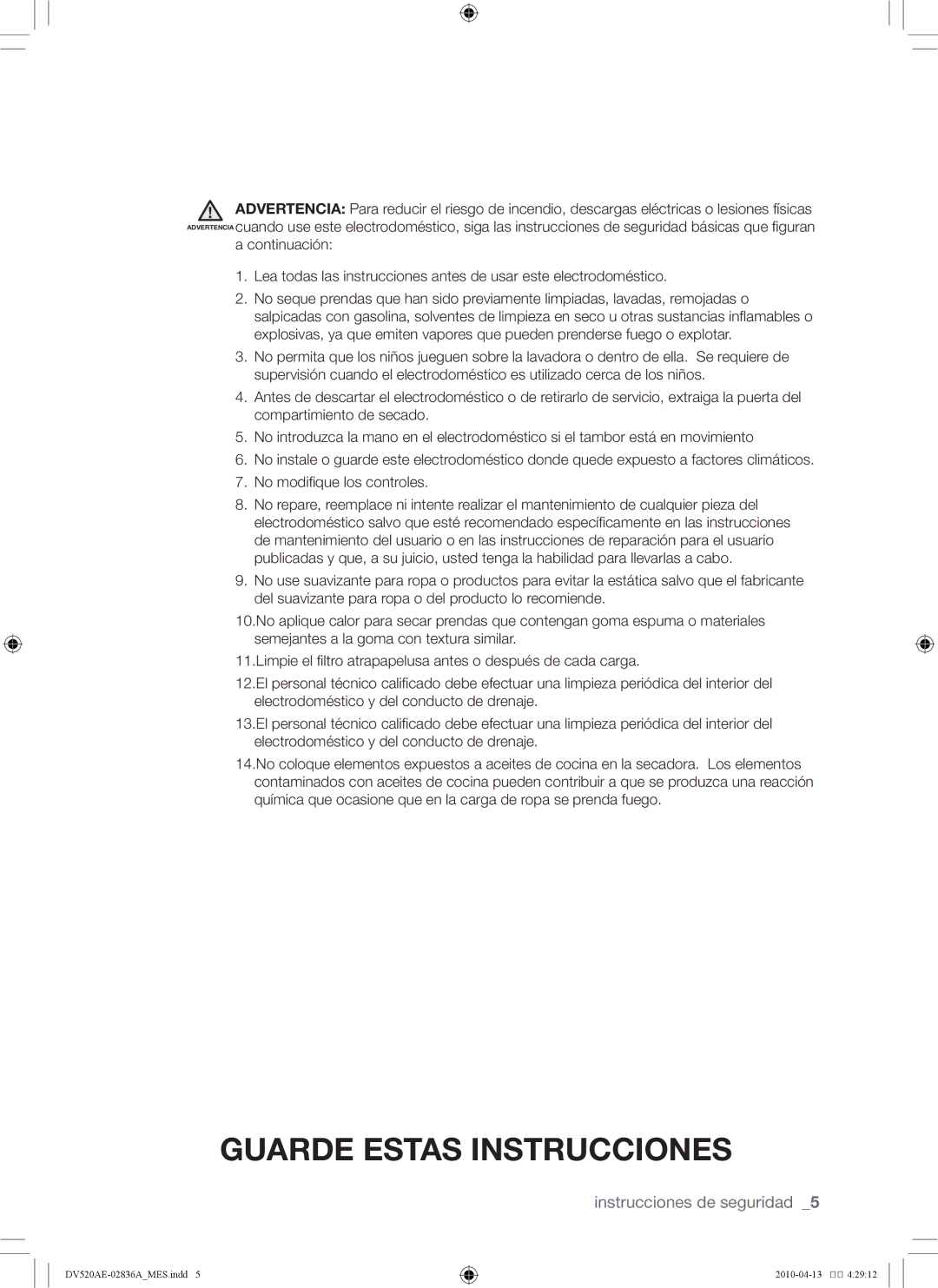 Samsung DV520AE*, DV520AG* user manual Guarde estas instrucciones 